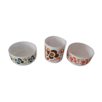 3 pieces lotus Arcopal 2 ramekins cups and 1 mug orange brown green vintage