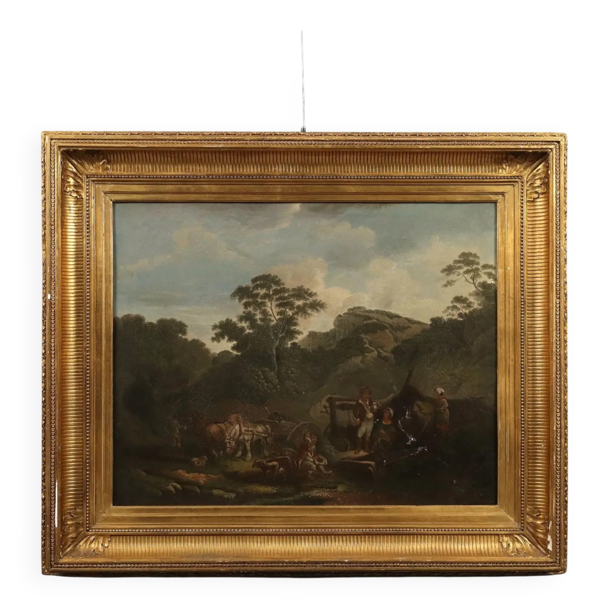 Old painting of a landscape with peasants, oil on canvas, Europe '800.