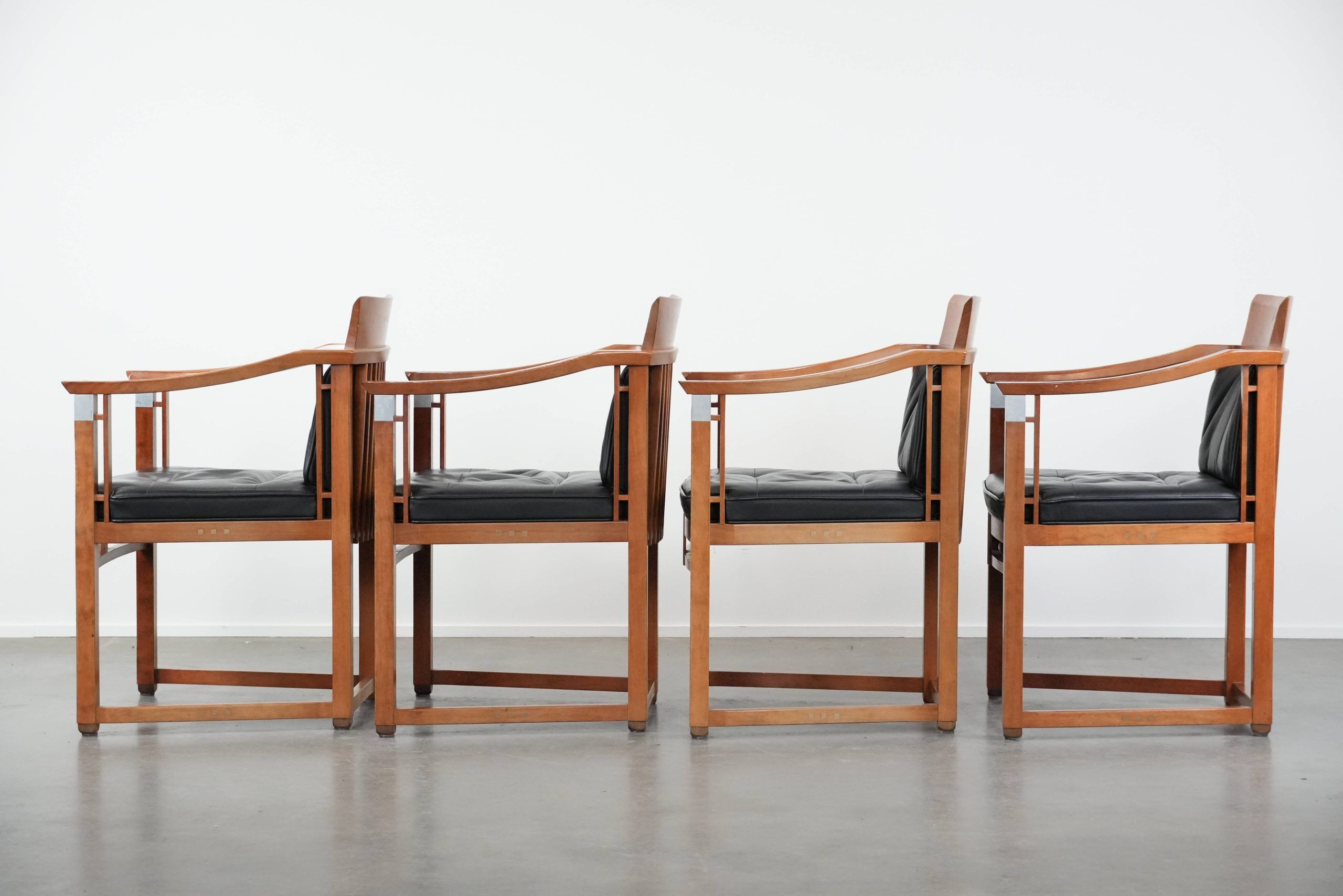 Set of 4 luxury black leather Art Deco dining chairs with armrests