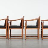 Set of 4 luxury black leather Art Deco dining chairs with armrests