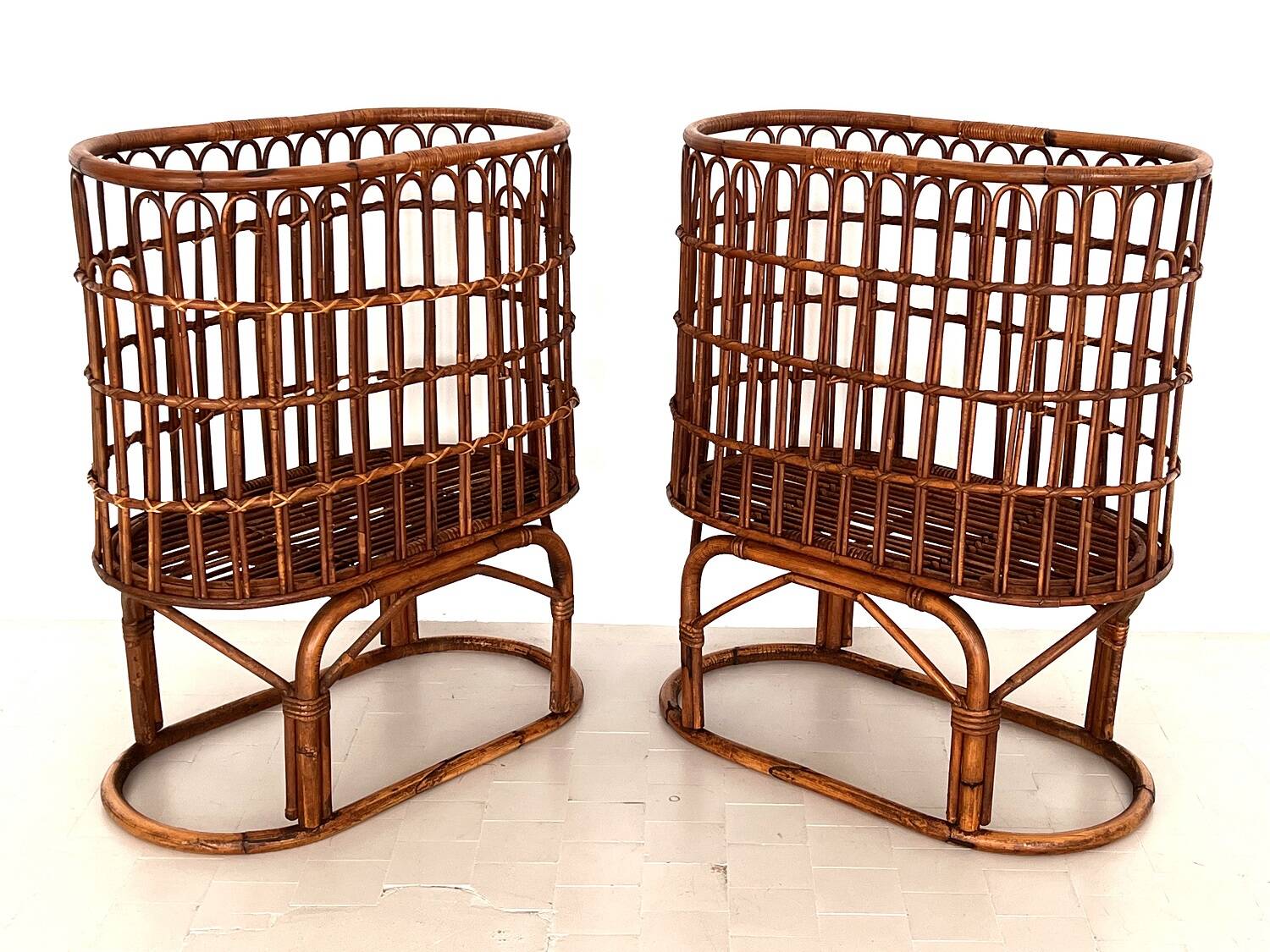 Pair French XXL Bamboo Baskets, 1970s