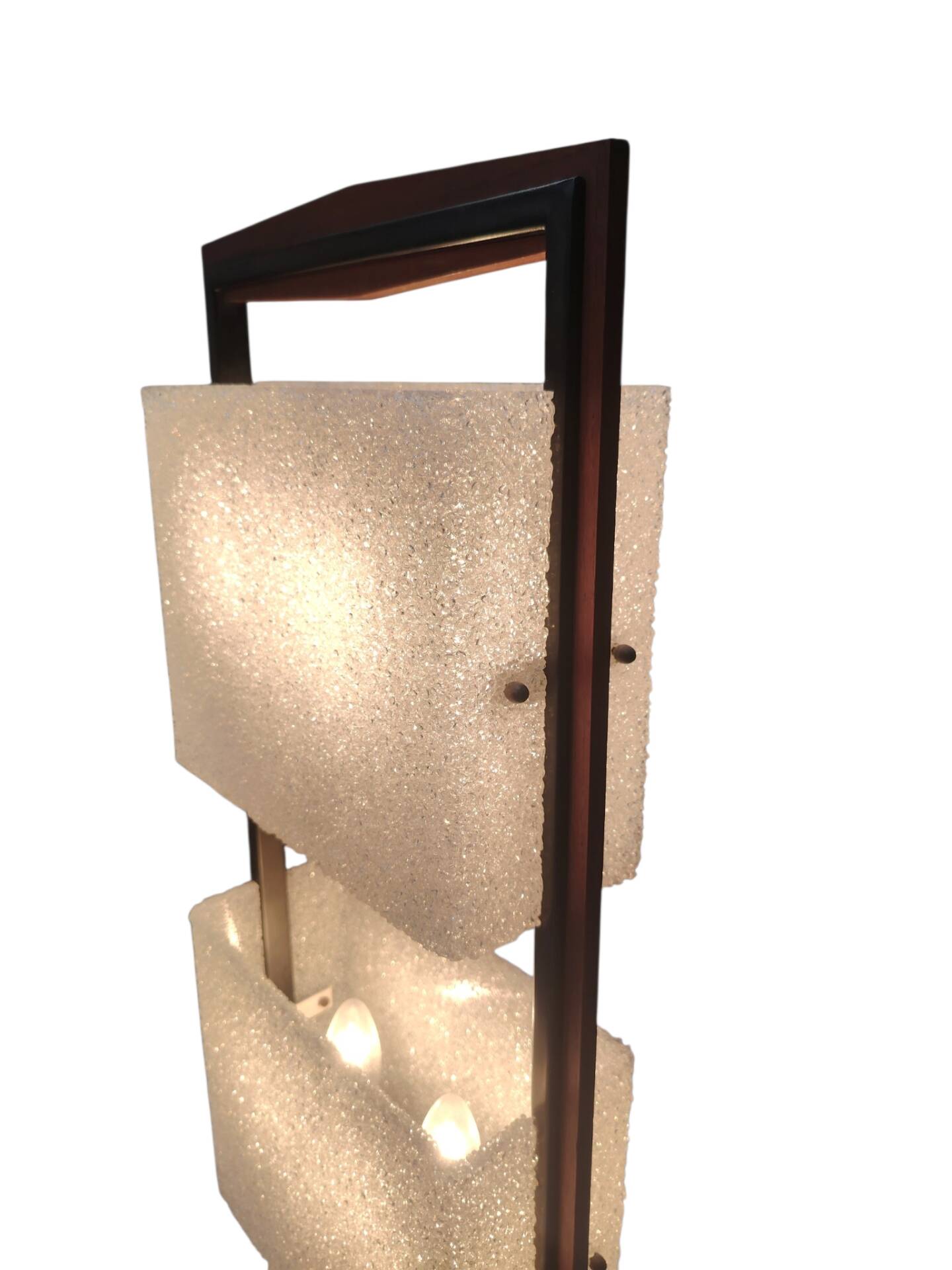 Column totem floor lamp in teak and frosted resin Scandinavian design