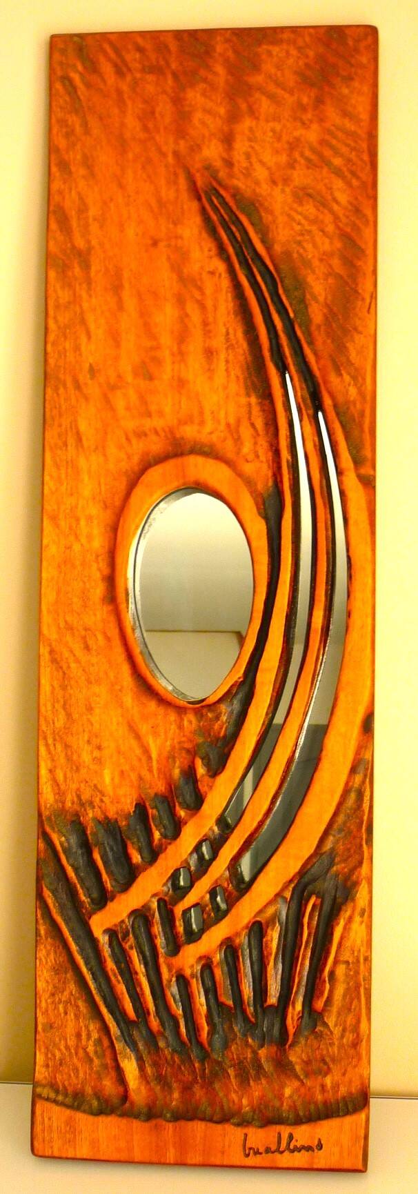 Carved wooden mirror, signed P. Guallino, "le passage", brutalist design from the 80s