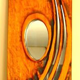 Carved wooden mirror, signed P. Guallino, "le passage", brutalist design from the 80s