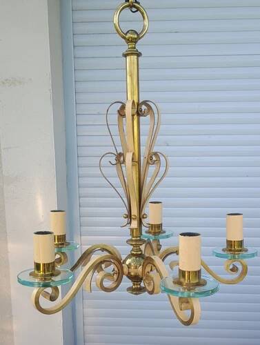 Luminaire Art déco Magnifique Lustre 5 feux disques verre DLG SUBES ADNET LELEU