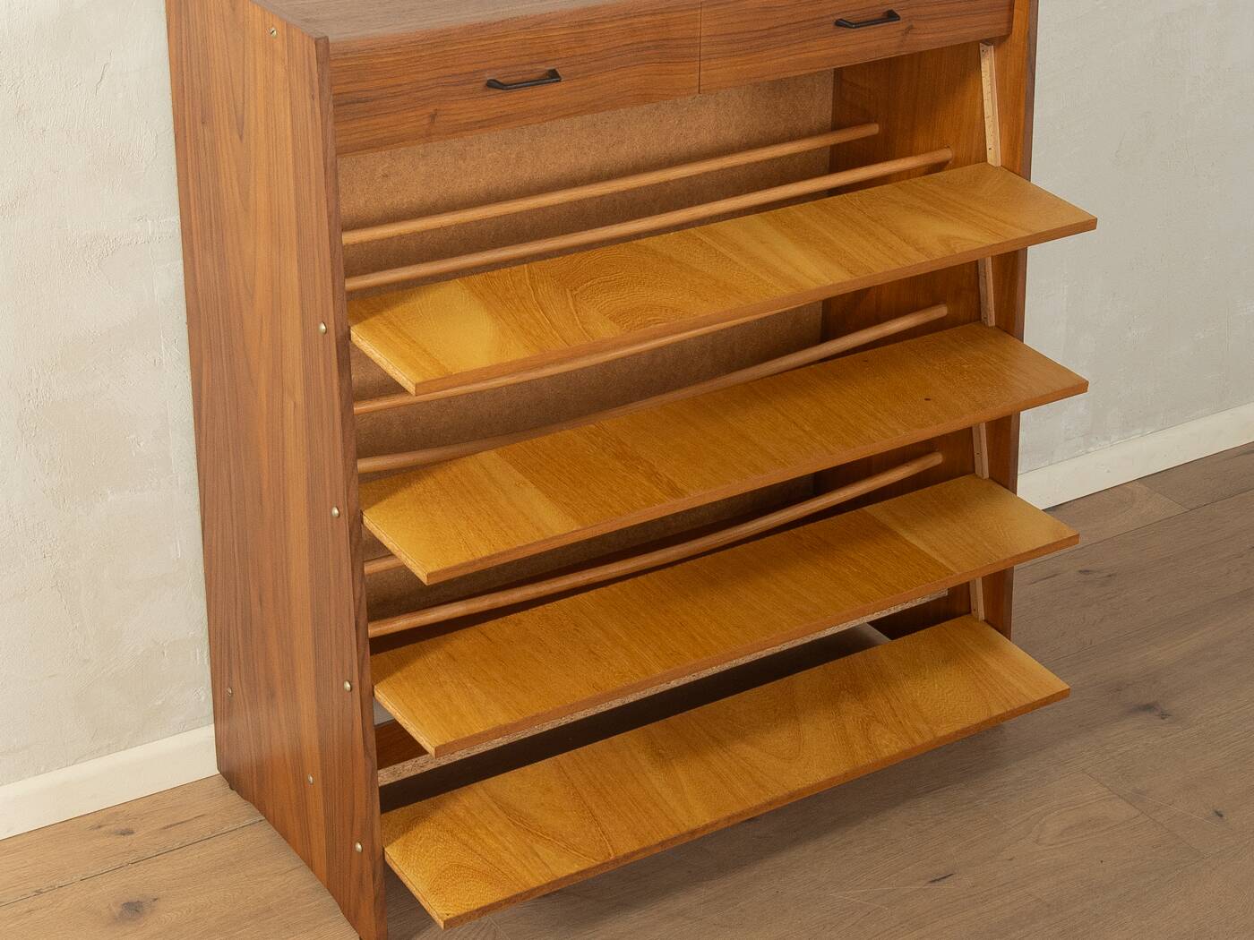 Classic shoe cabinet from the 1960s, walnut veneer, four drop-down doors, two drawers