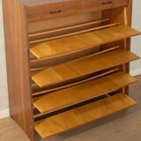 Classic shoe cabinet from the 1960s, walnut veneer, four drop-down doors, two drawers