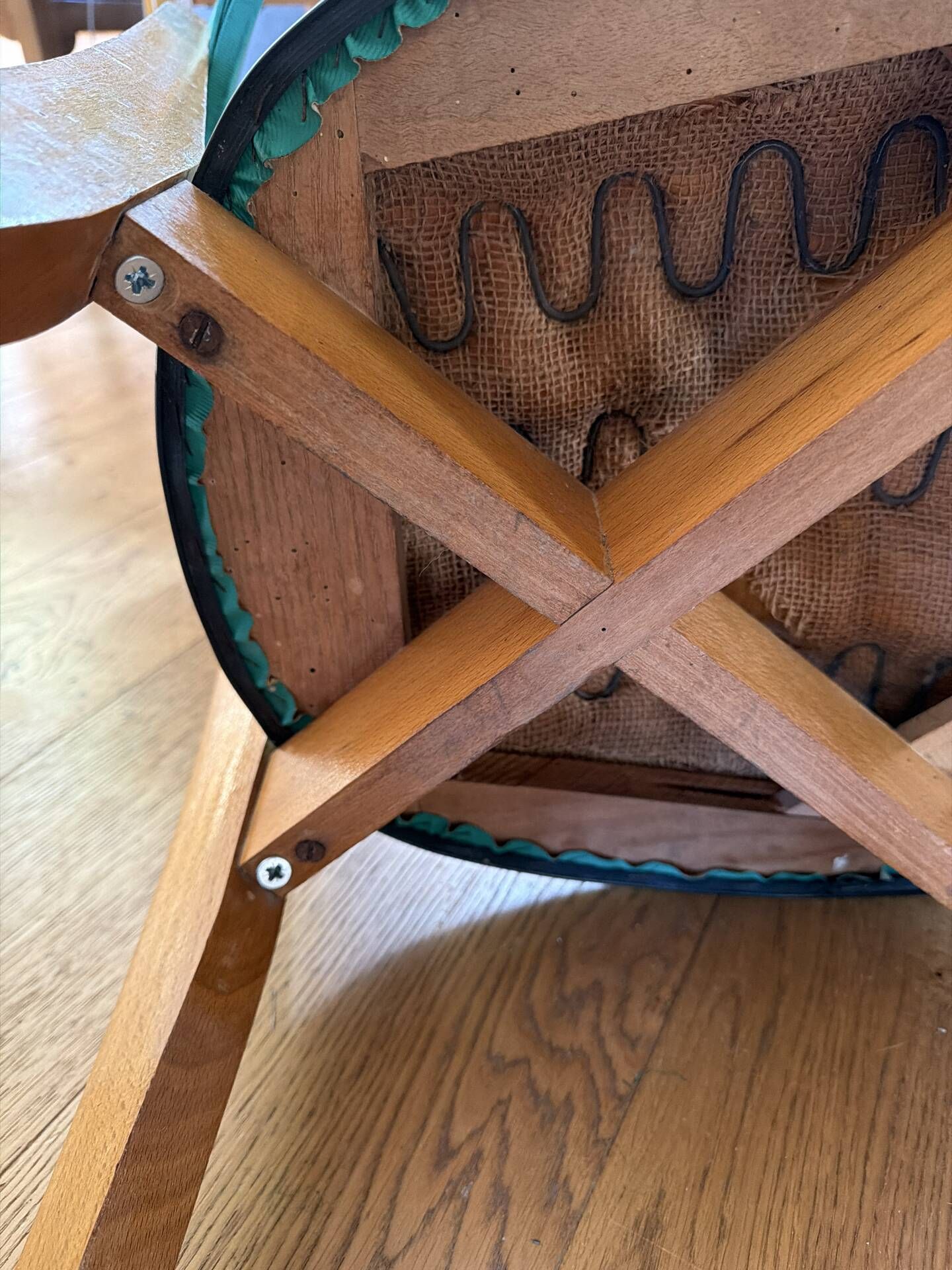 Set of 4 vintage chairs in blonde wood and turquoise faux leather – 1960s