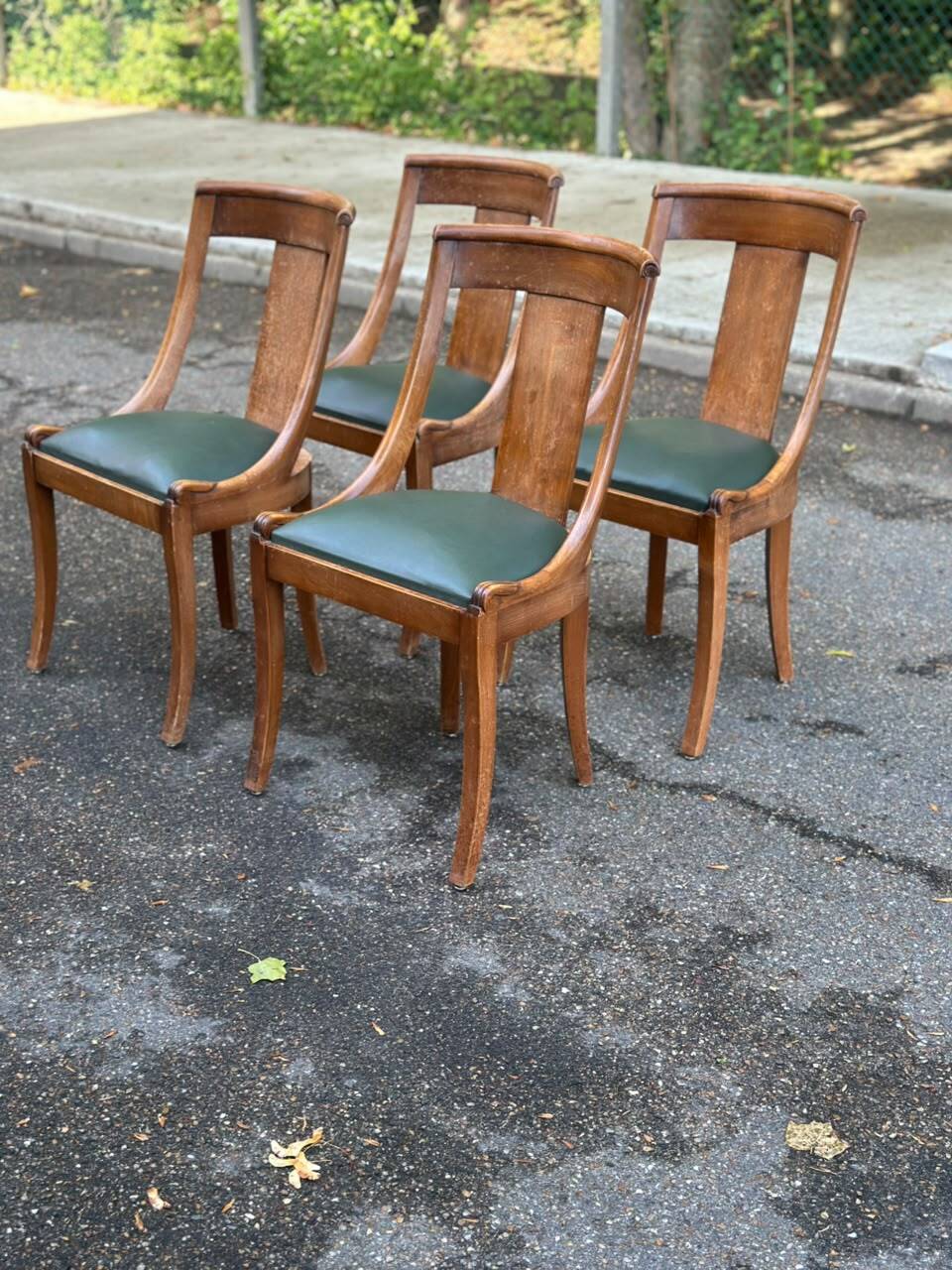 4 gondola chairs, Charles X restoration, solid wood and green leather, 19th century.