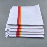 5 old tea towels in ecru linen with orange, red and yellow stripes