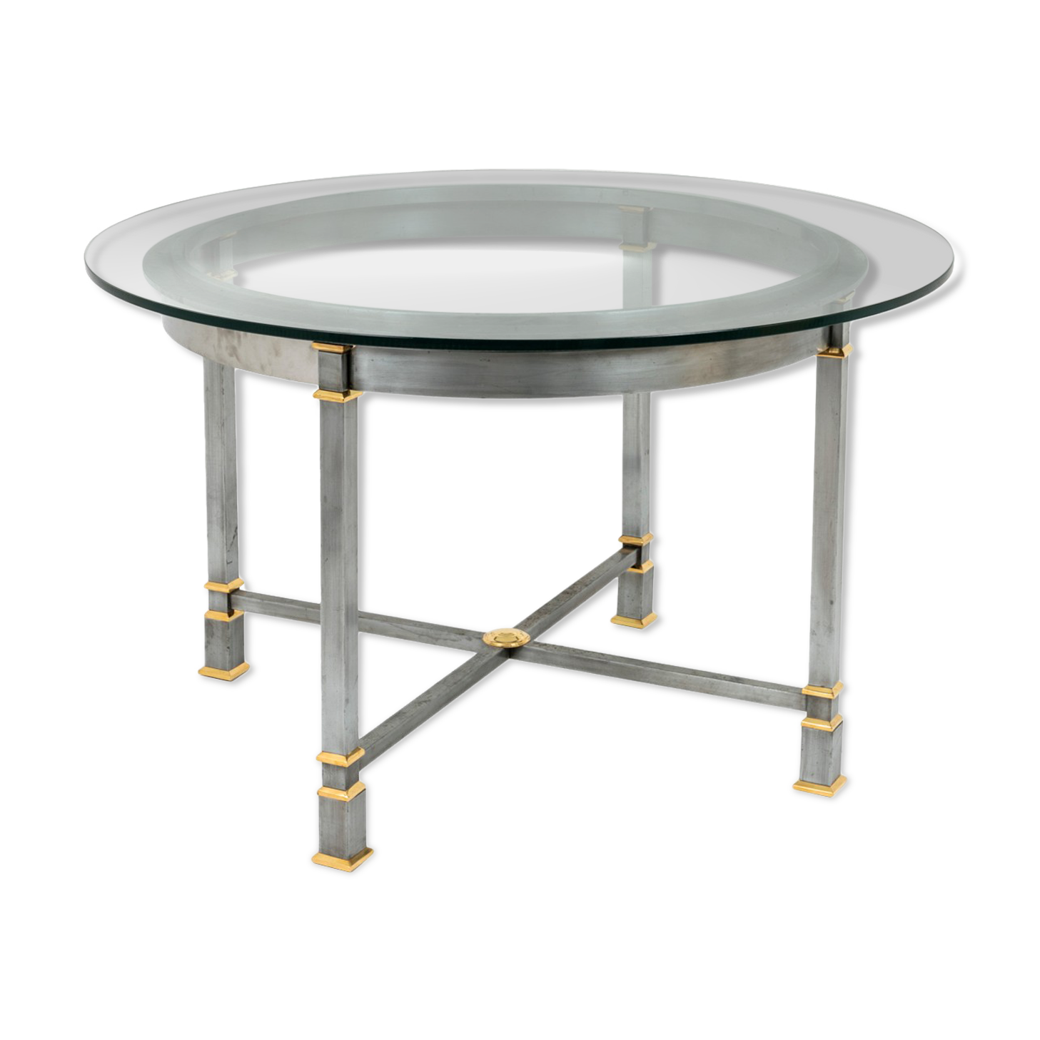 Brushed and gilded metal table, glass tray, 1970s