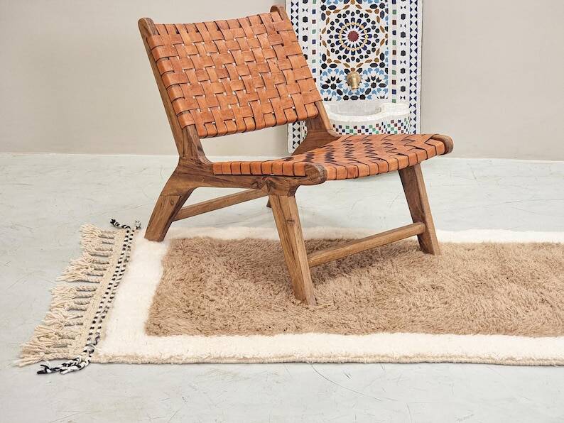 Moroccan polka dot hallway, white and brown beni ourain rug, berber design