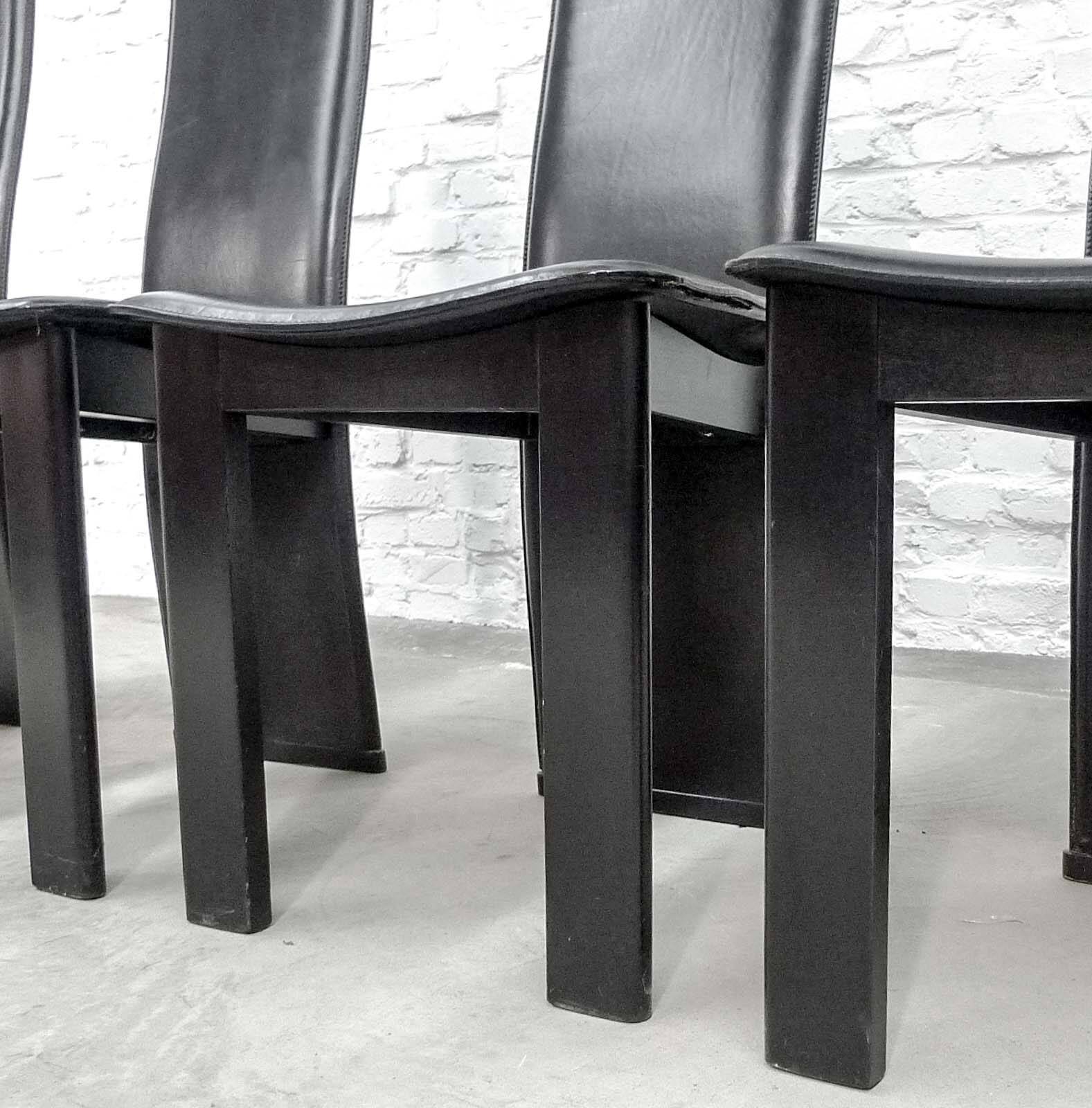 Cidue Style Black Sadle Leather High Back Italian Design Dining Chairs 70s