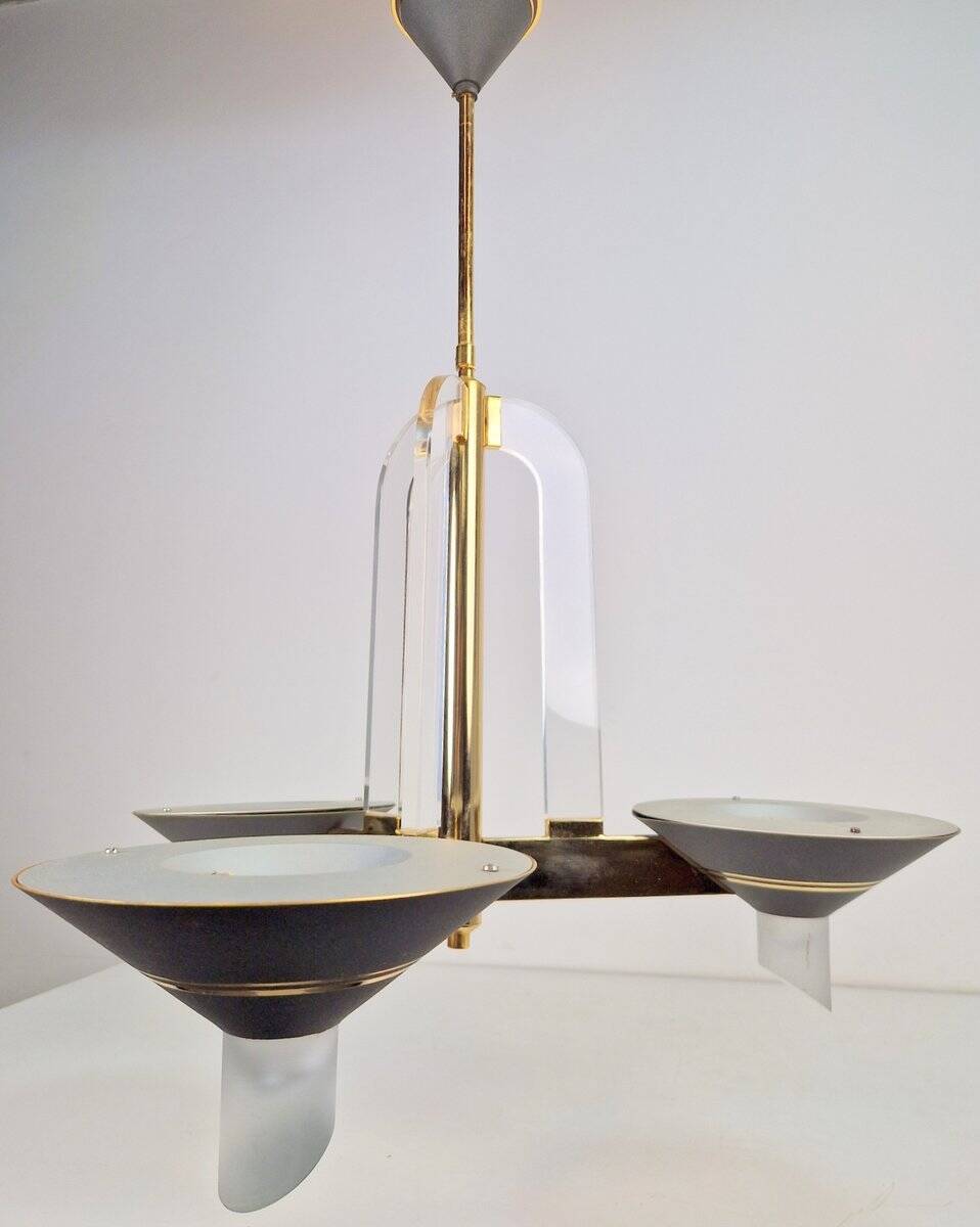 Vintage French Brass Acrylic Chandelier, 1970s