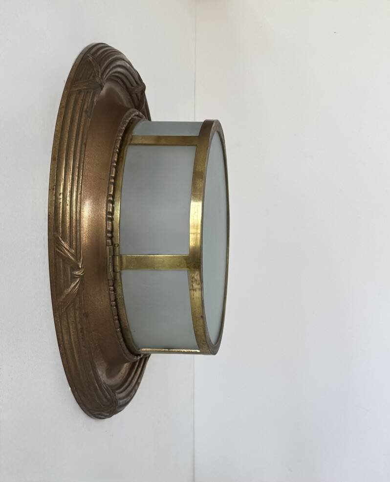 Vintage XL wall light, brass, copper and frosted glass, France, 1930.