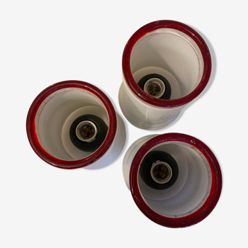 3 luminaires en verre de Murano rouge et blanc 1970s