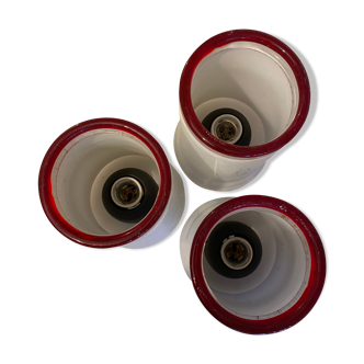 3 red and white Murano glass luminaires 1970s