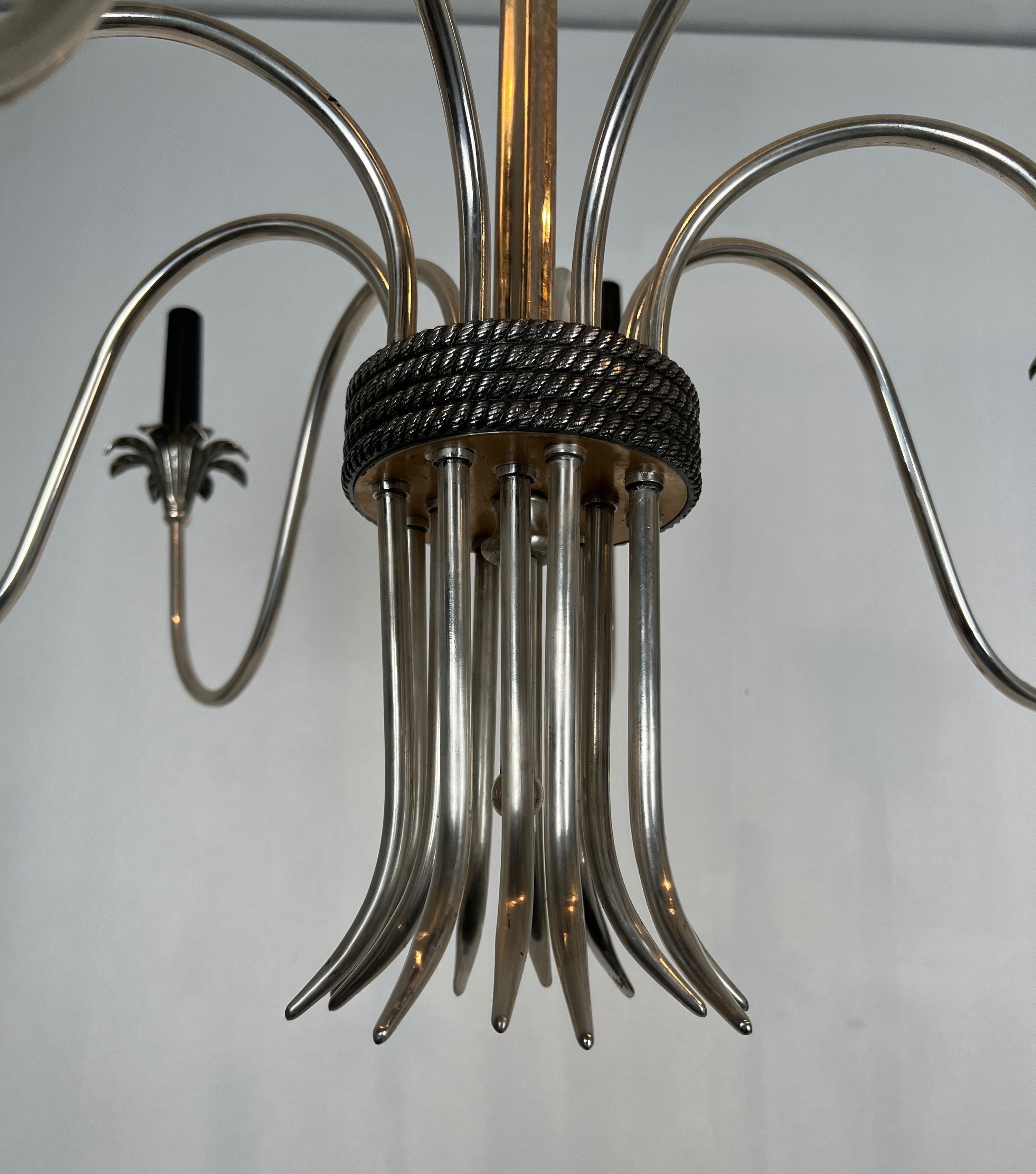 Neoclassical style chandelier in silver-plated metal by the house of Charles.