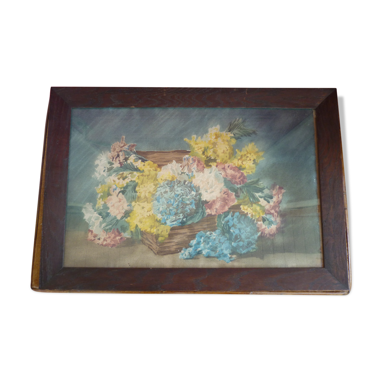 Table still life basket flowers signed