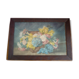 Table still life basket flowers signed