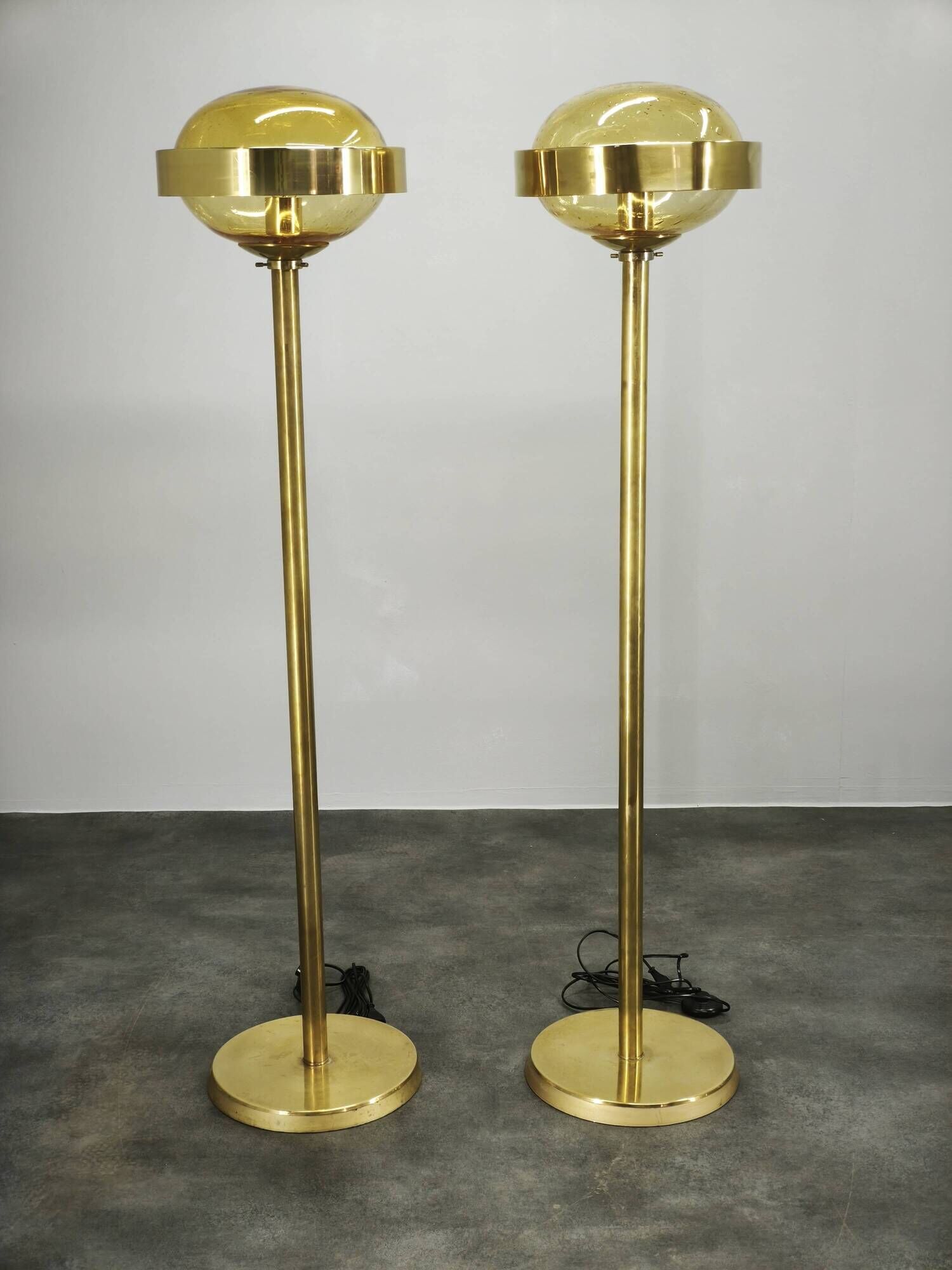Pair of Brass and Amber Glass Floor Lamps from Kamenický Šenov, 1970s