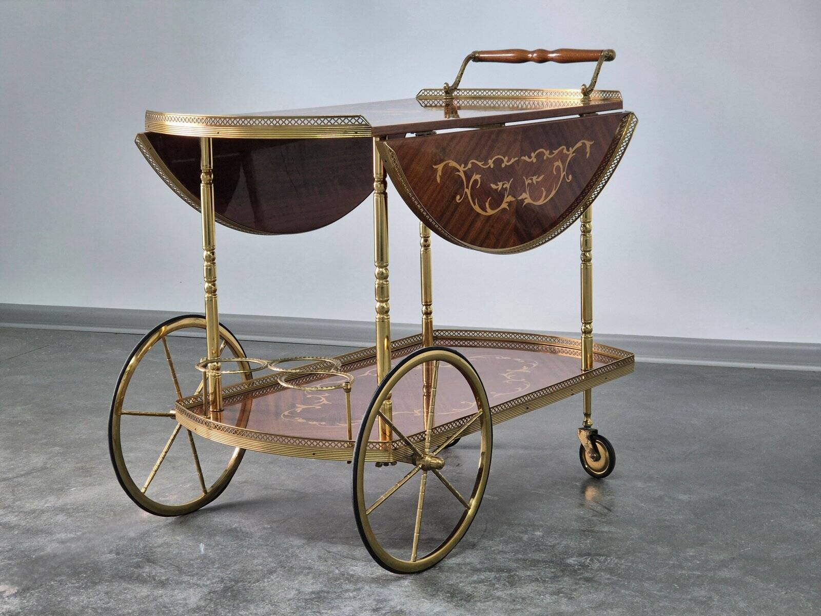 1970s drinks bar cart with side flaps in marquetry