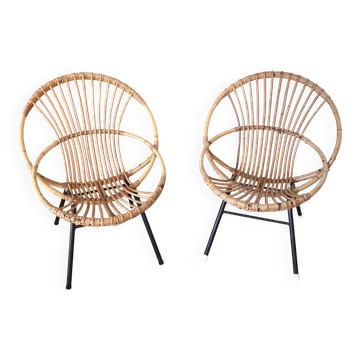 Paire fauteuils en rotin / années 70