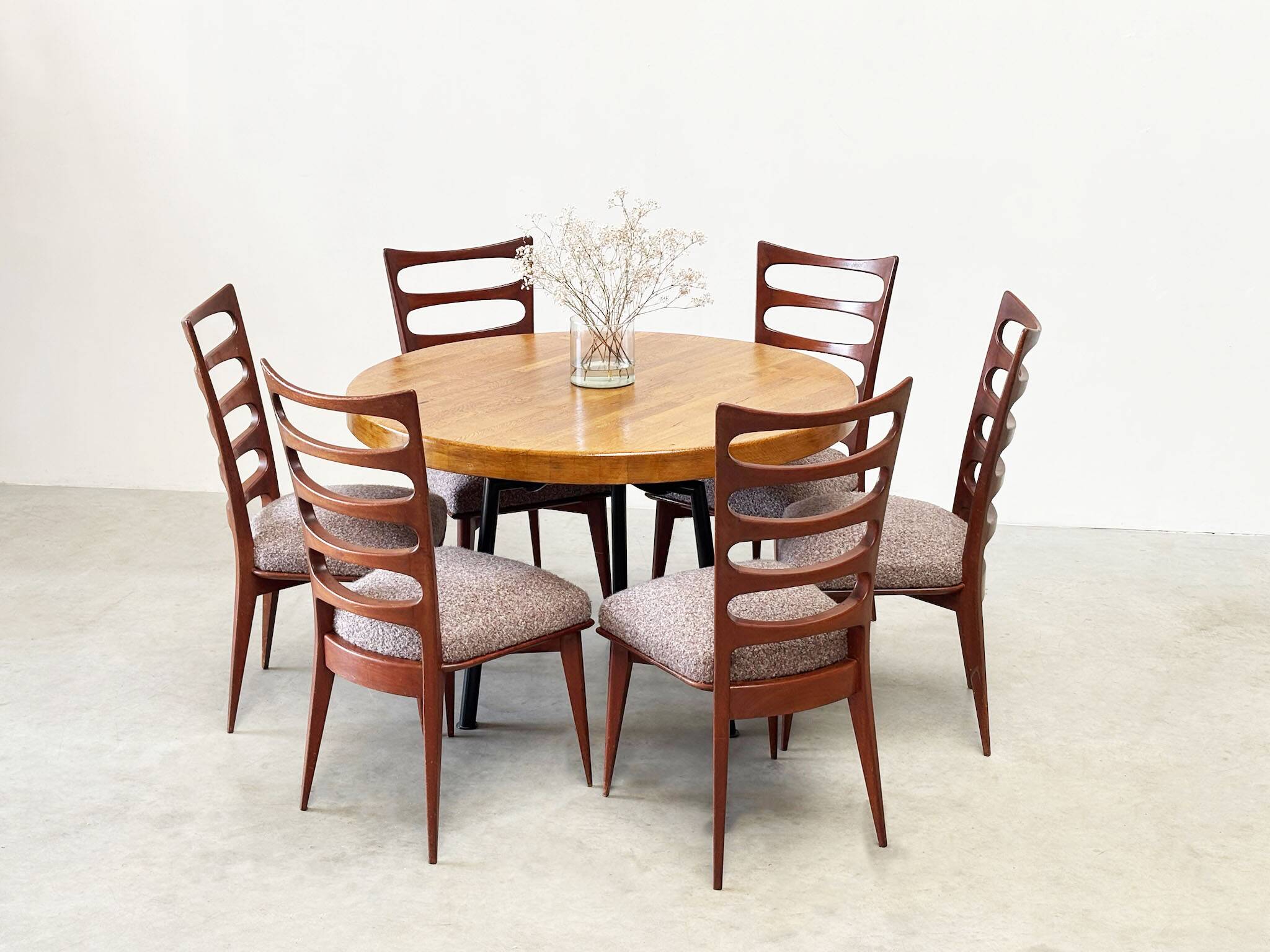 Industrial French round dining table with oak top
