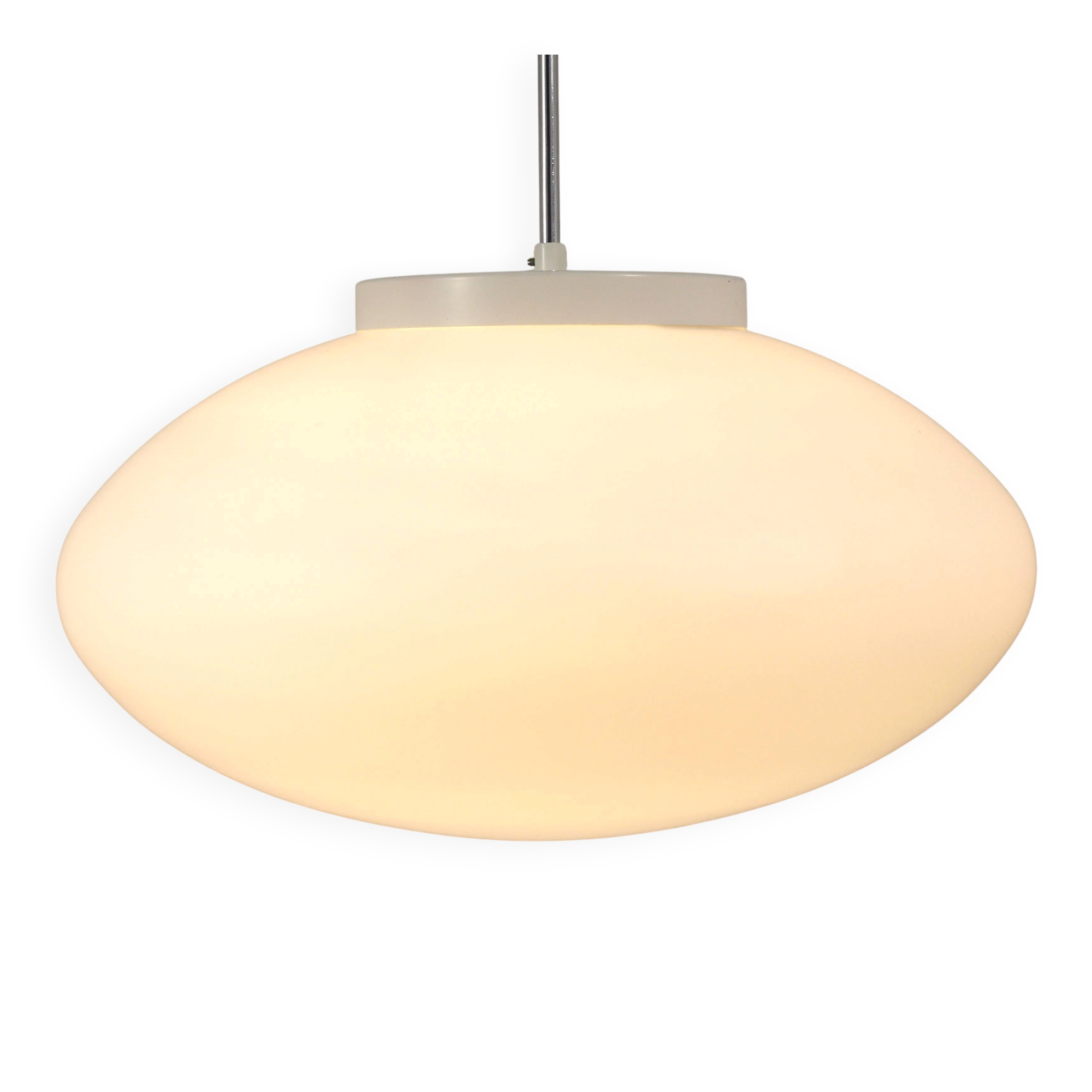 Up to 40 huge elliptical opaline glass pendants, in the style of Lisa Johansson-Pape.