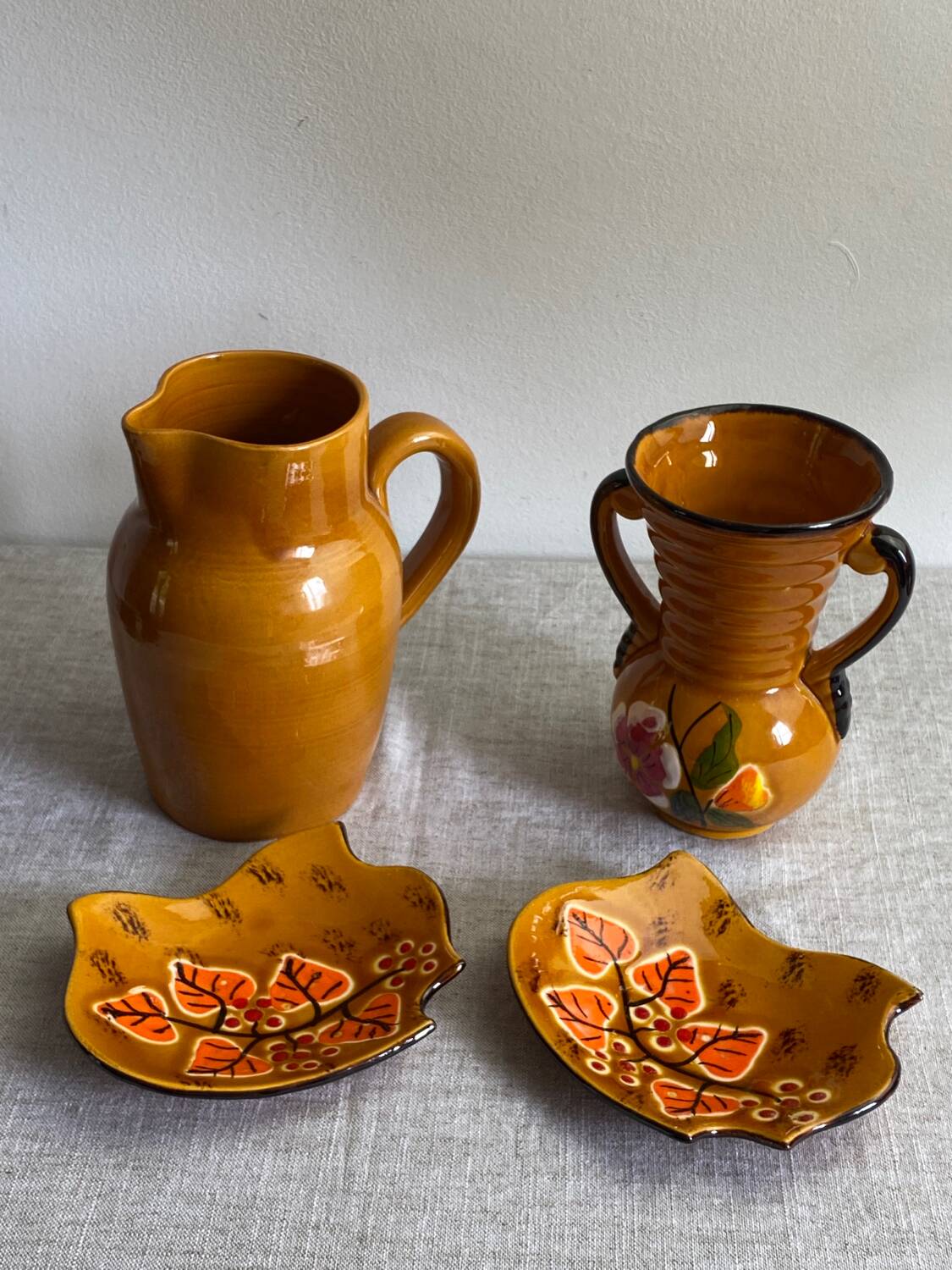 Vallauris ceramic pitcher, vase and bowls