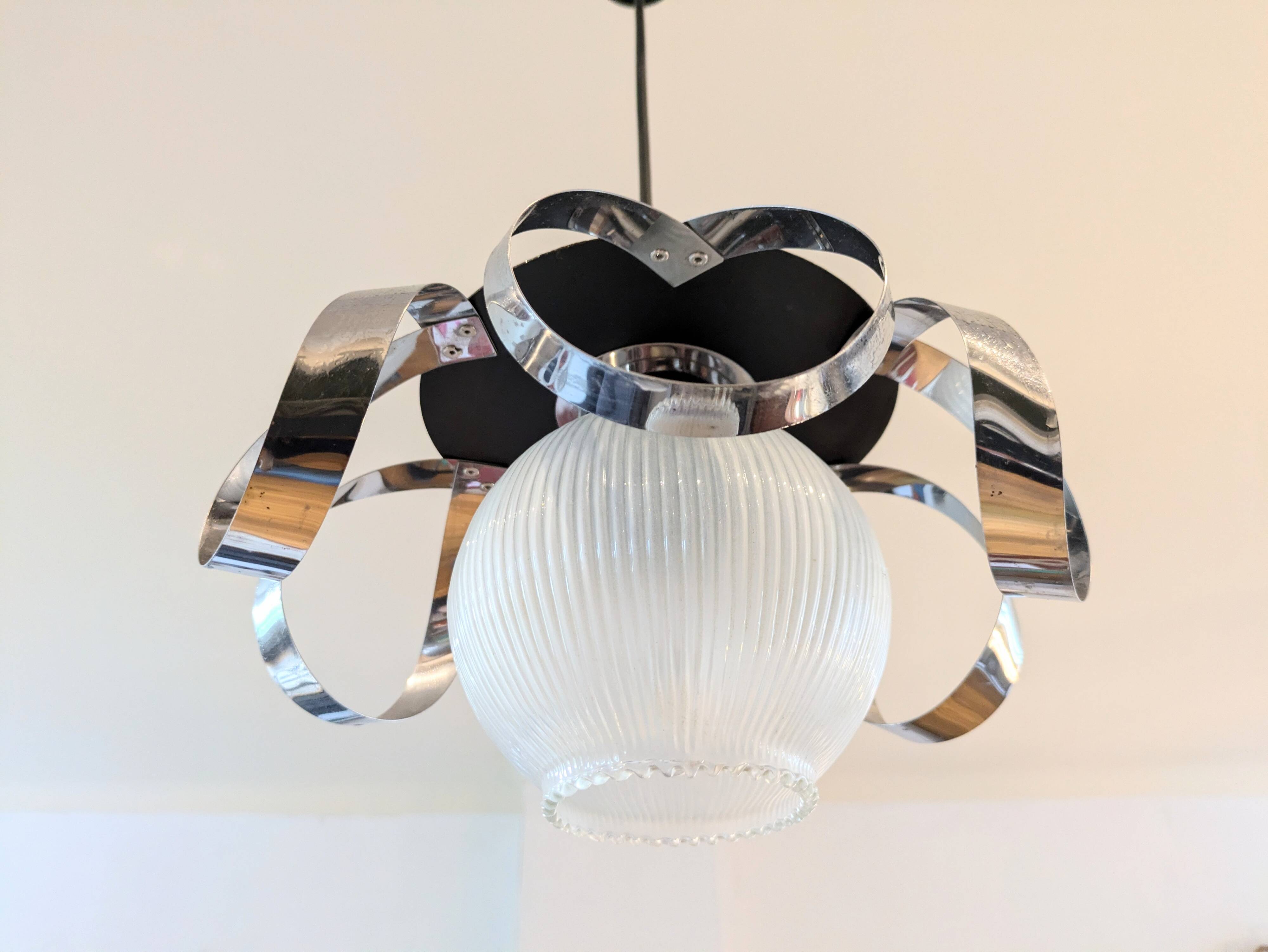 Space Age stainless steel and glass pendant light from the 70s