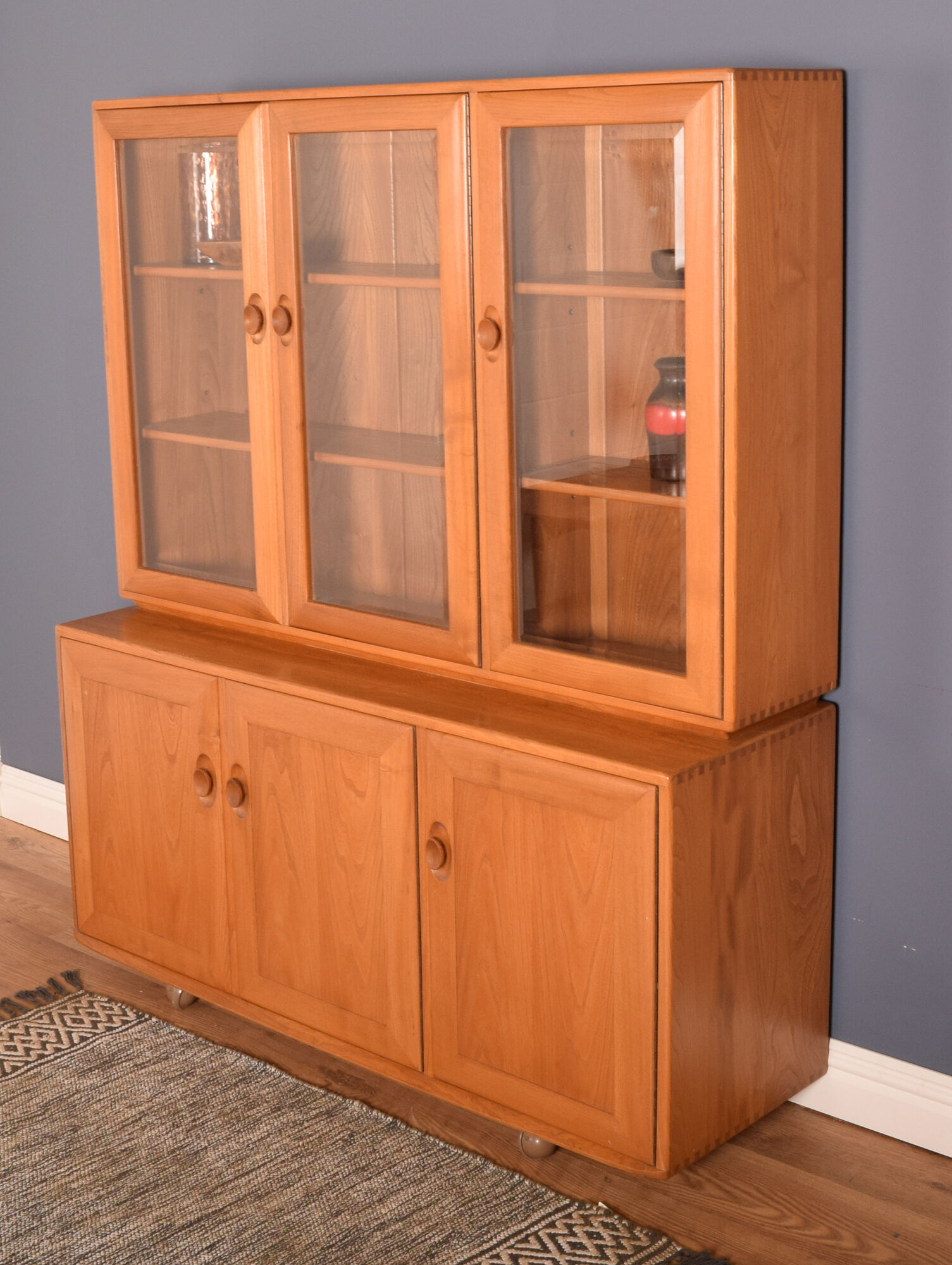 Ercol elm windsor model 806,803 glazed three door cabinet dresser