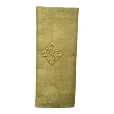 Serviette de table ancienne verte brodée F