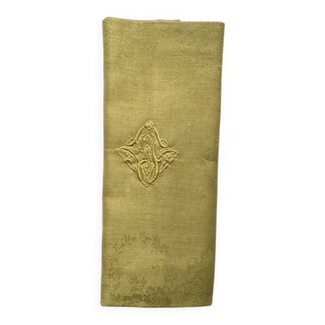 Serviette de table ancienne verte brodée F