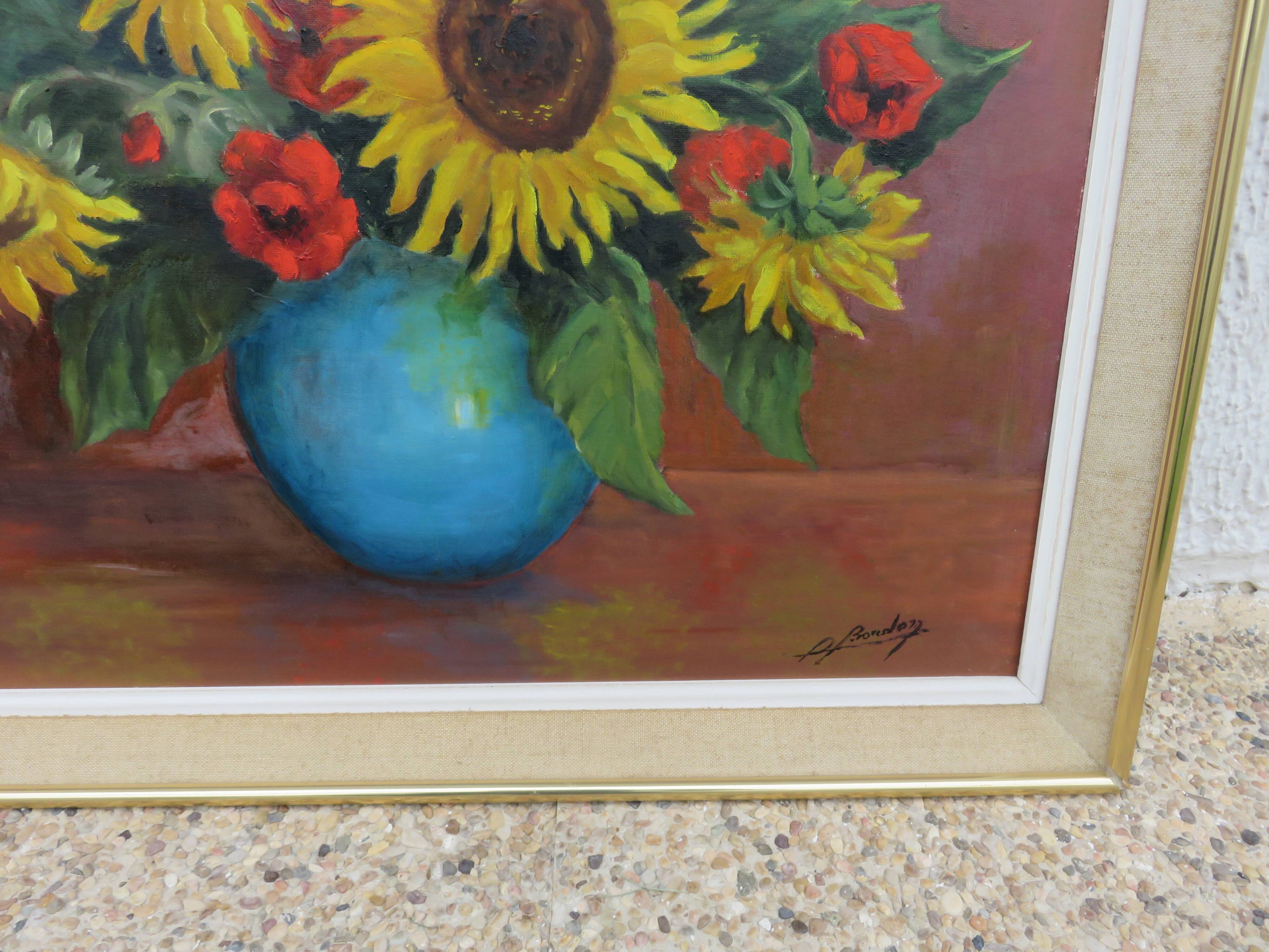 Still life painting, sunflower, signed