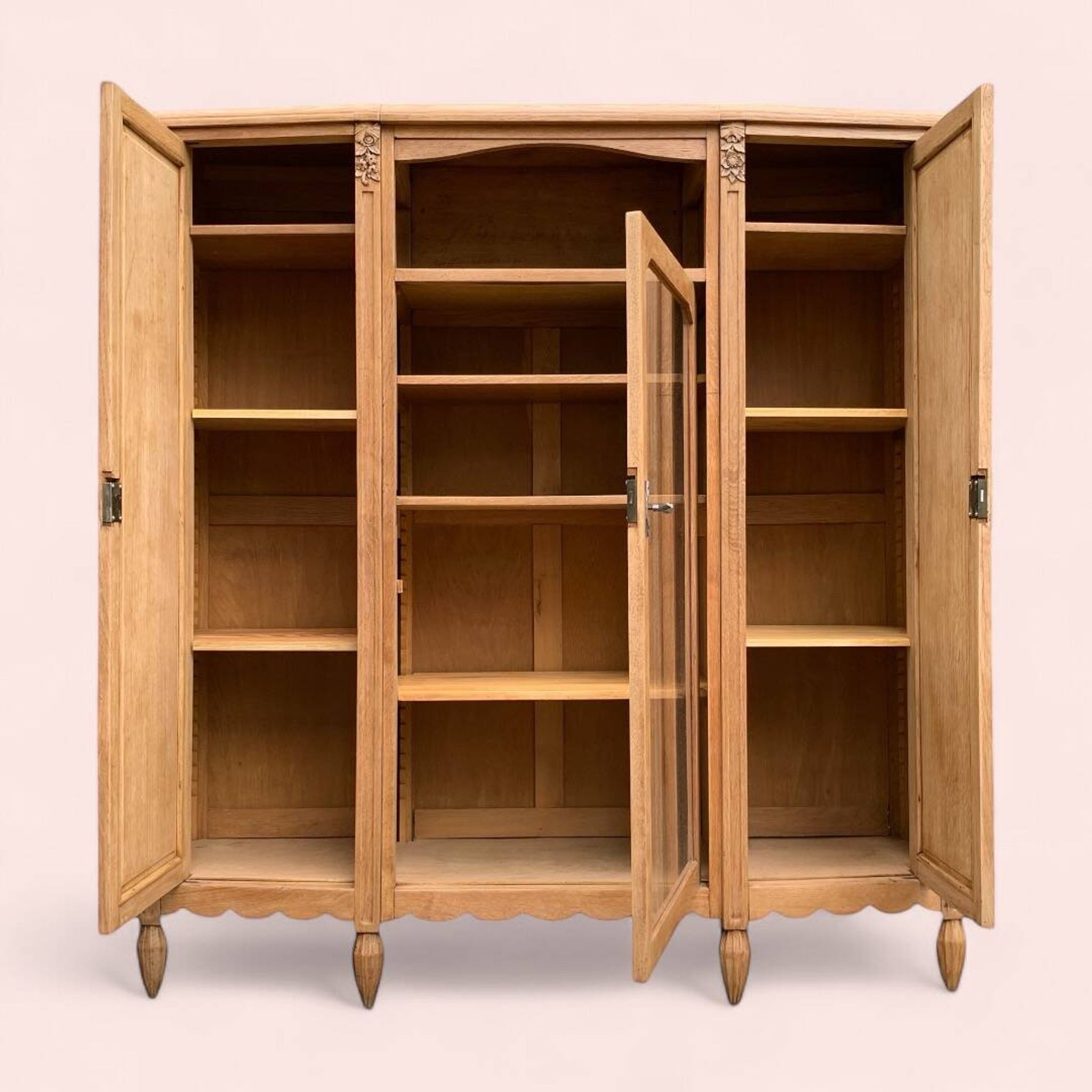 Asymmetrical Art Deco glass-fronted Parisian wardrobe in raw oak, 1930.