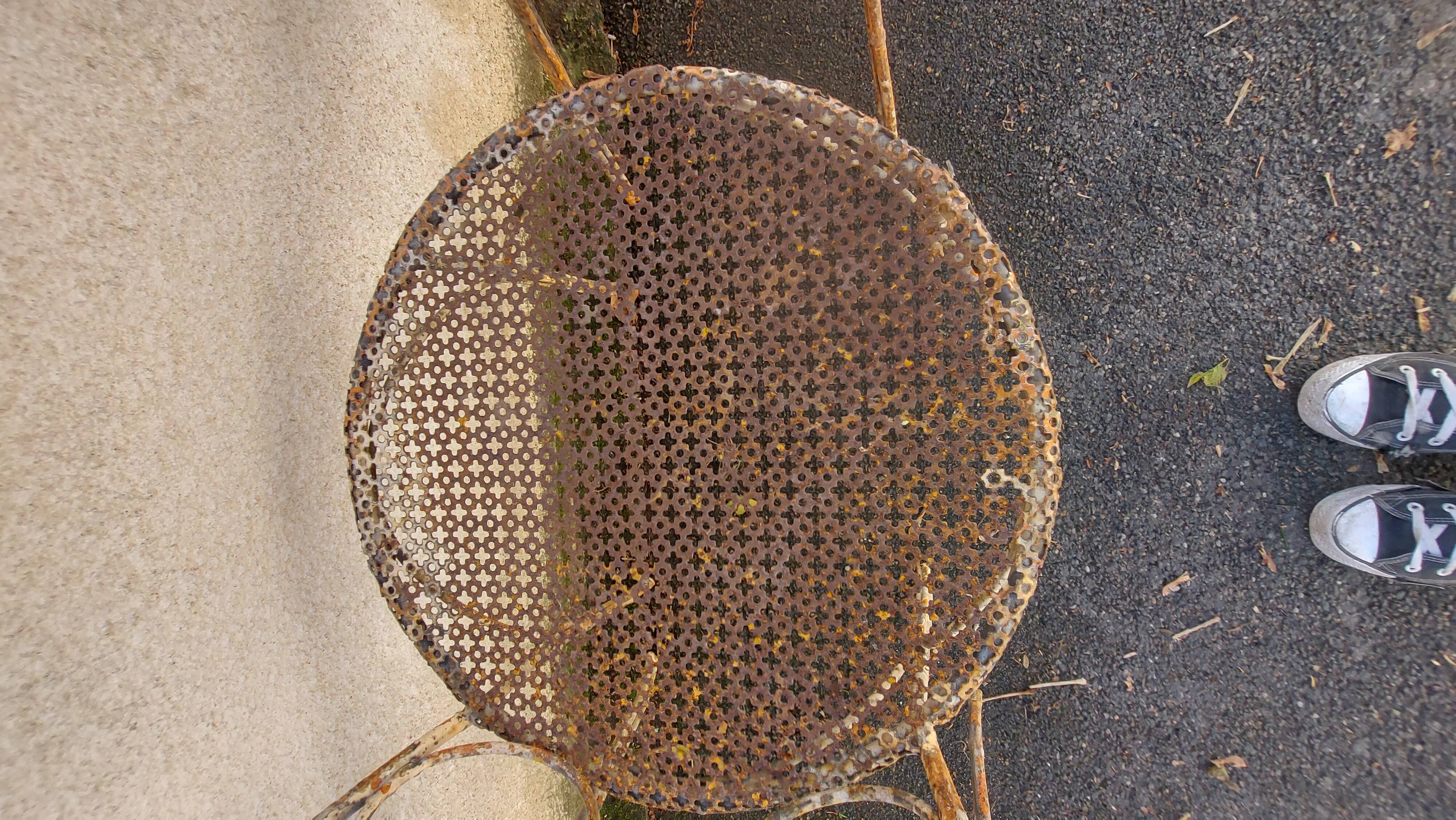 Set of 3 wrought iron garden chairs, rigitulle seat 1940/50