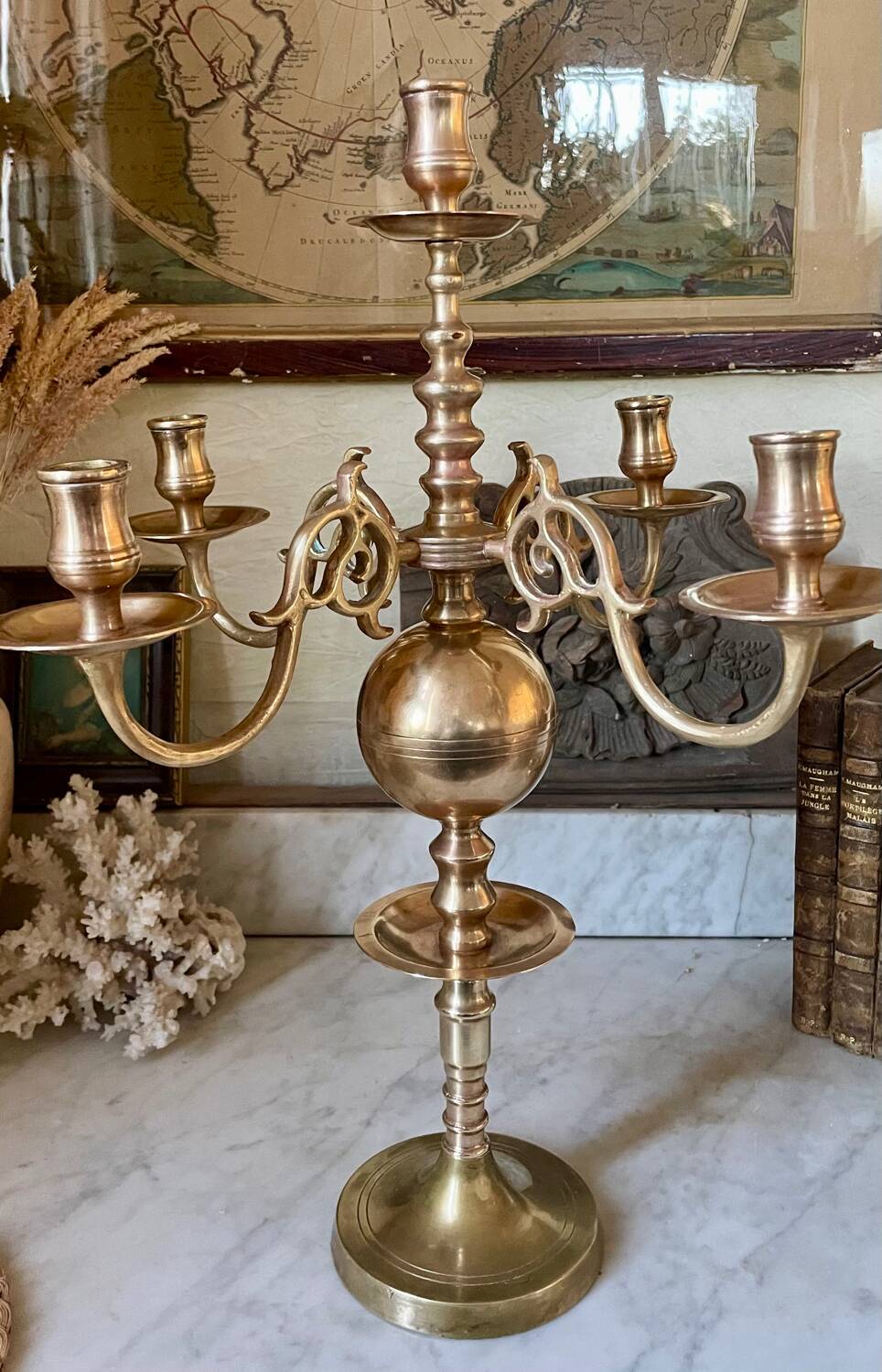 Antique Dutch 5-light brass candlestick