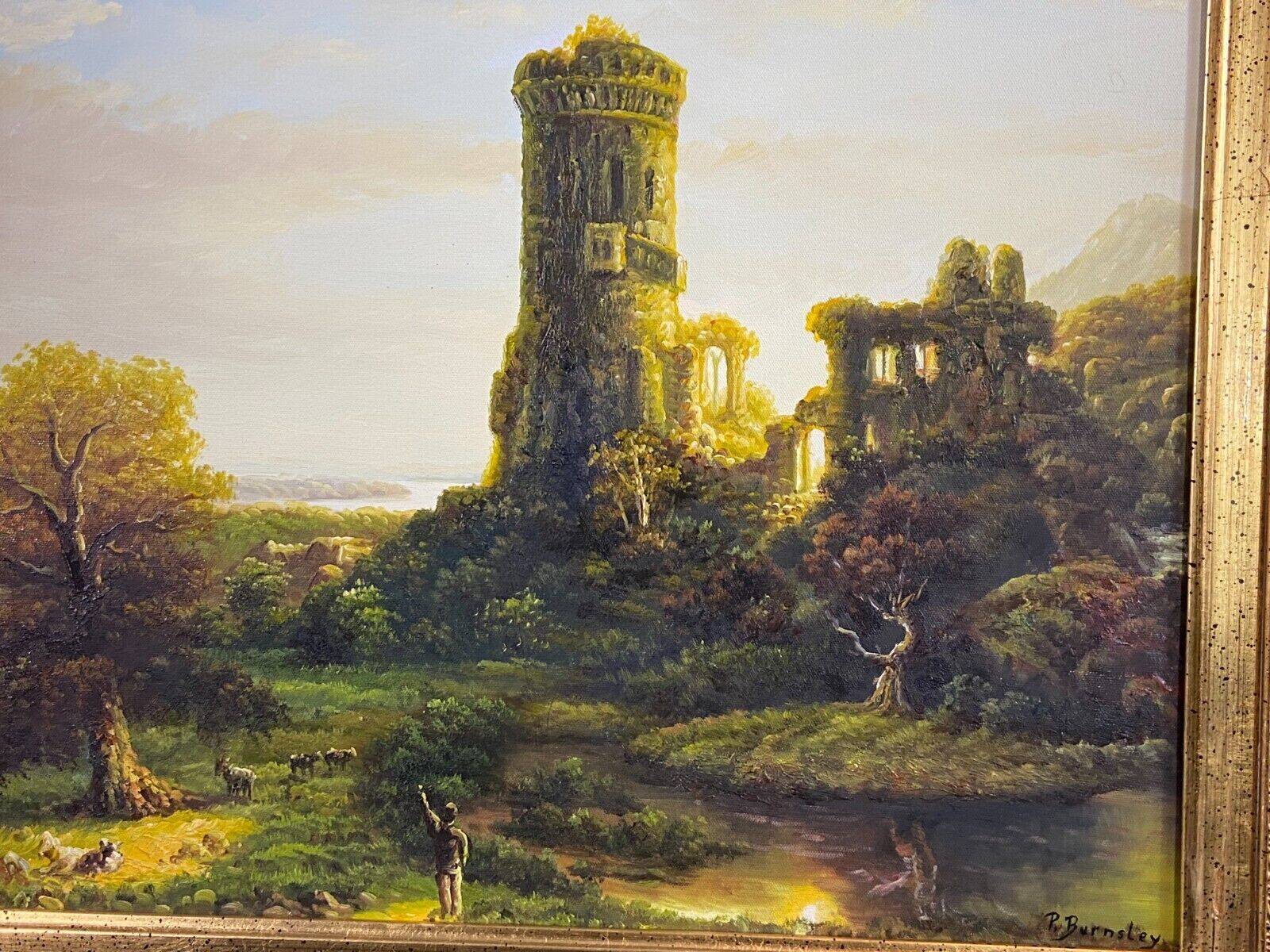 Animated landscape painting with ruined castle signed Burnsley