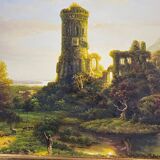 Animated landscape painting with ruined castle signed Burnsley