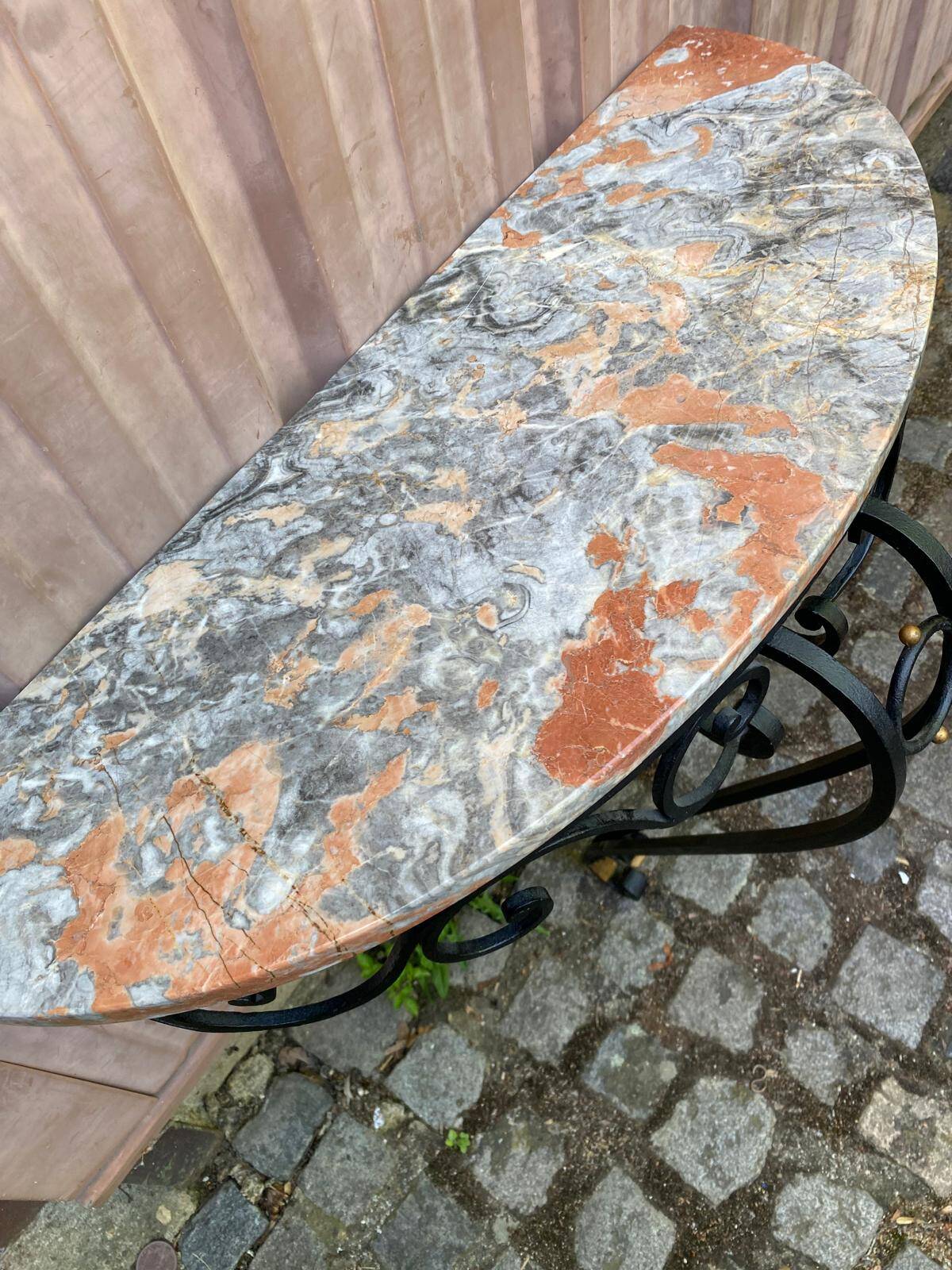Vintage wall console in wrought iron and marble
