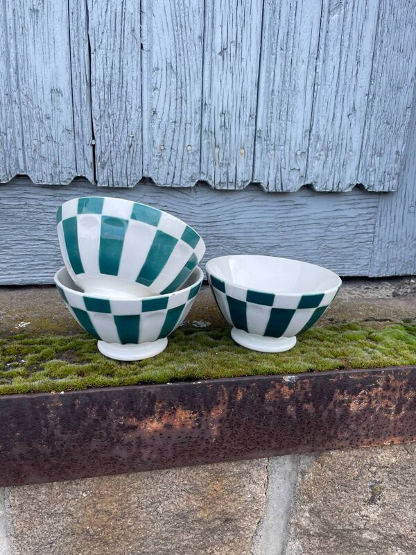 Trois grand bol vert ancien signé digoin france n° 9613