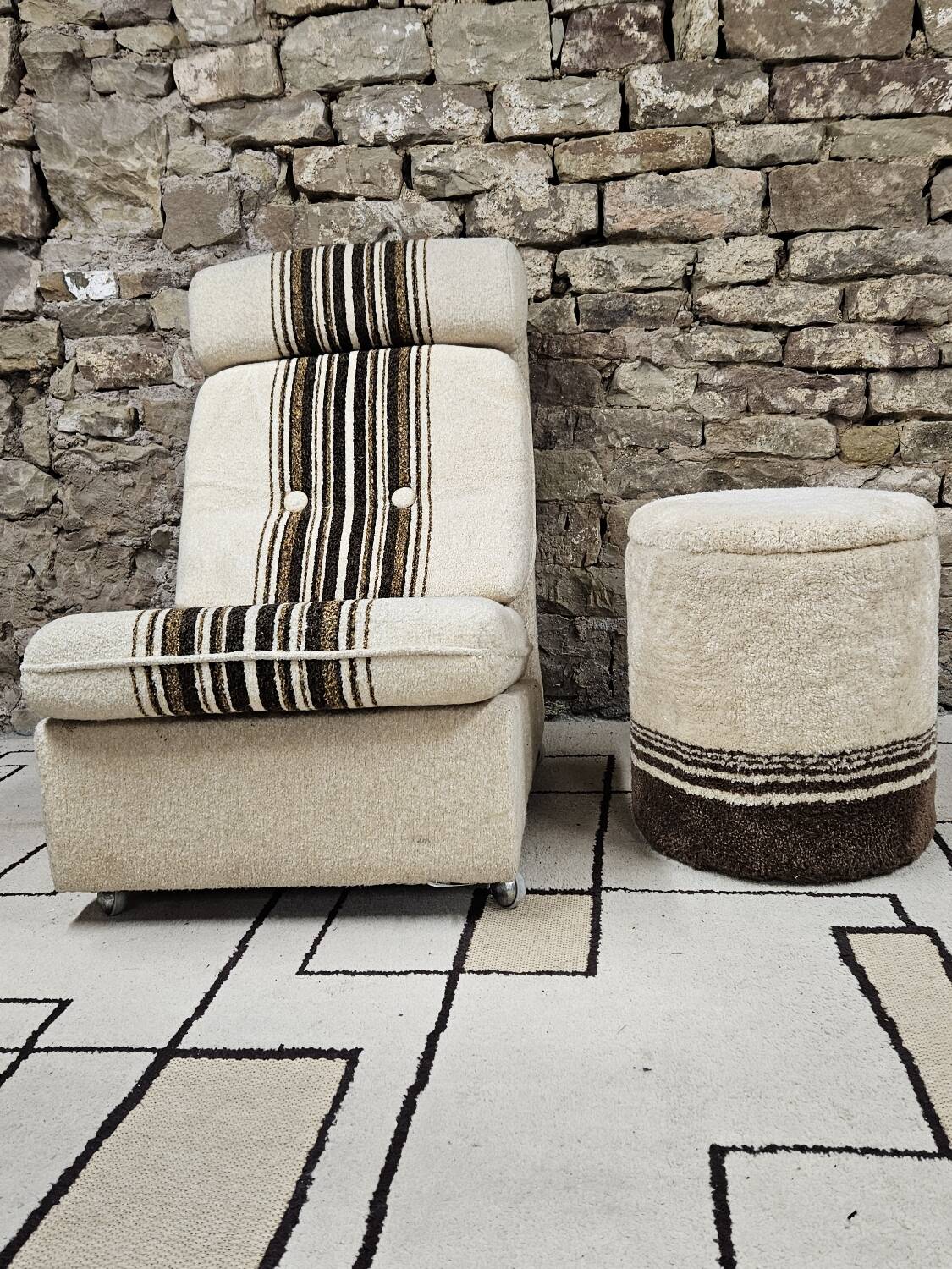 Boucle wool fireside chair and its 1970" vintage pouf
