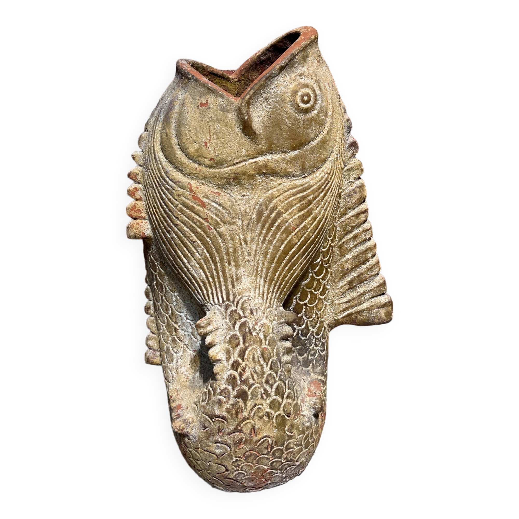 Terracotta umbrella stand in the shape of a fish