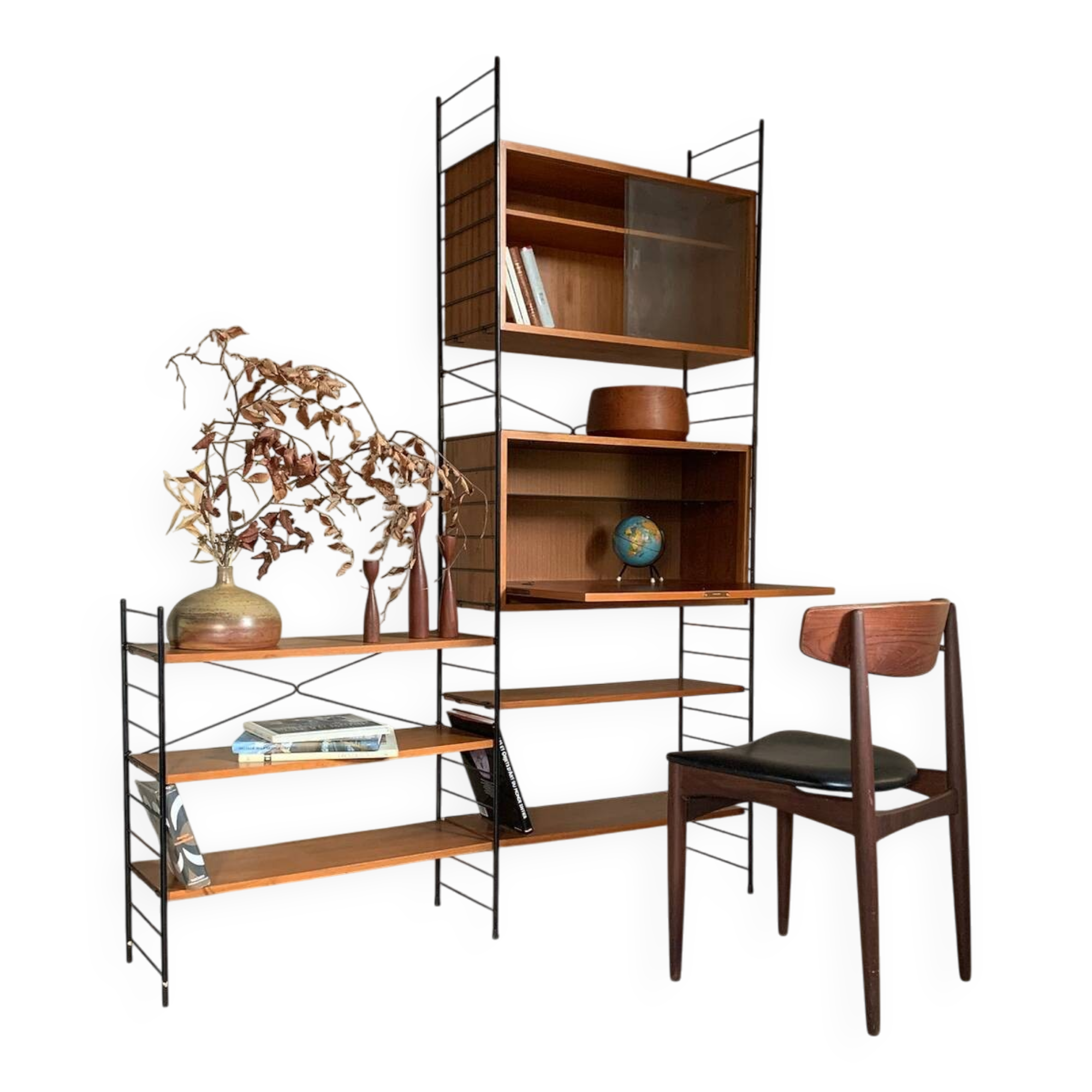 Vintage Scandinavian wire-framed metal and teak secretary bookcase set