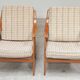 Pair of Boomerang-style armchairs in ecru beige fabric, 1960s.