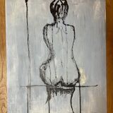 Tableau signé huile sur toile portrait féminin « étude de dos à l’encre de Chine »