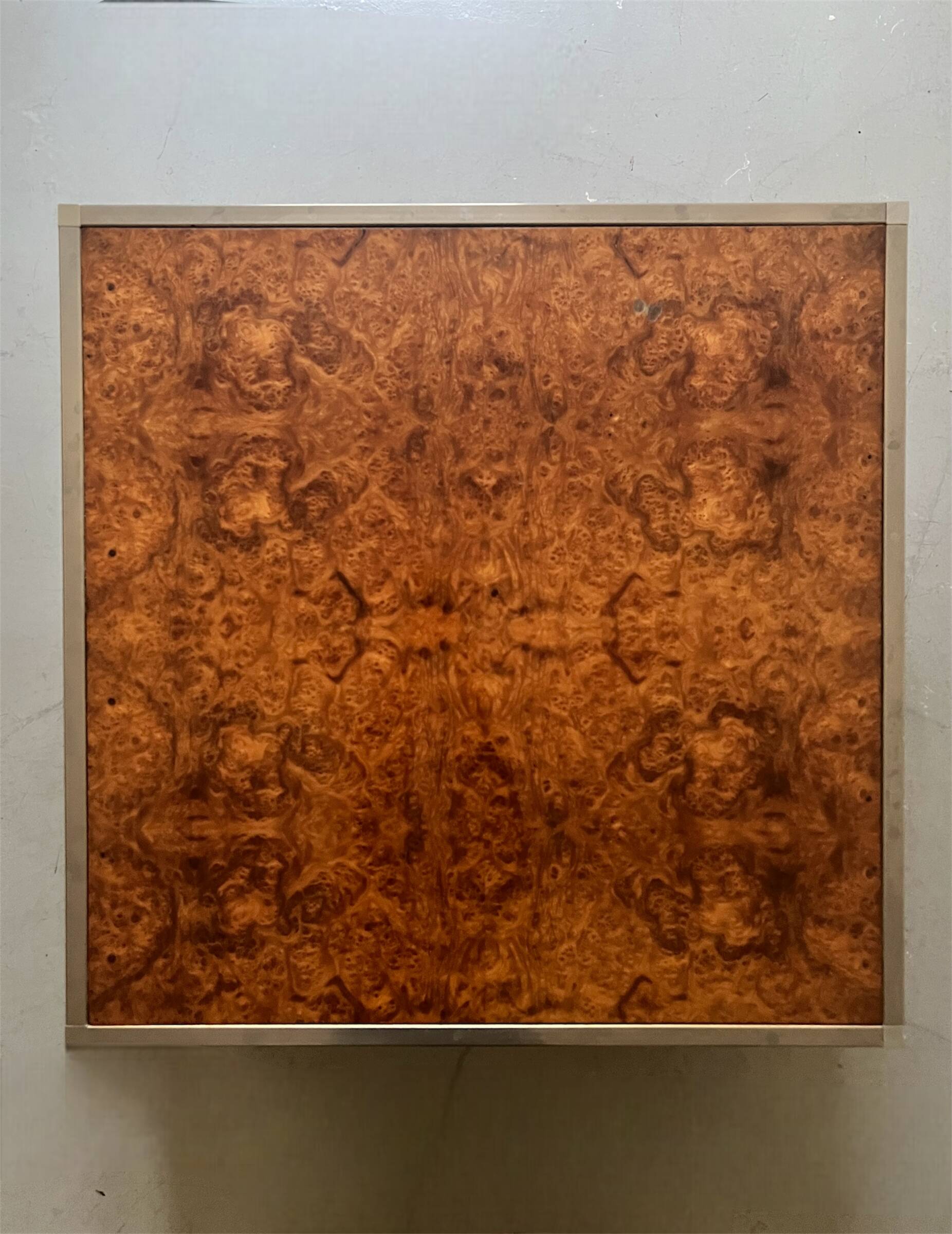 Square coffee table in metal and elm burl in the style of Willy Rizzo, 1970