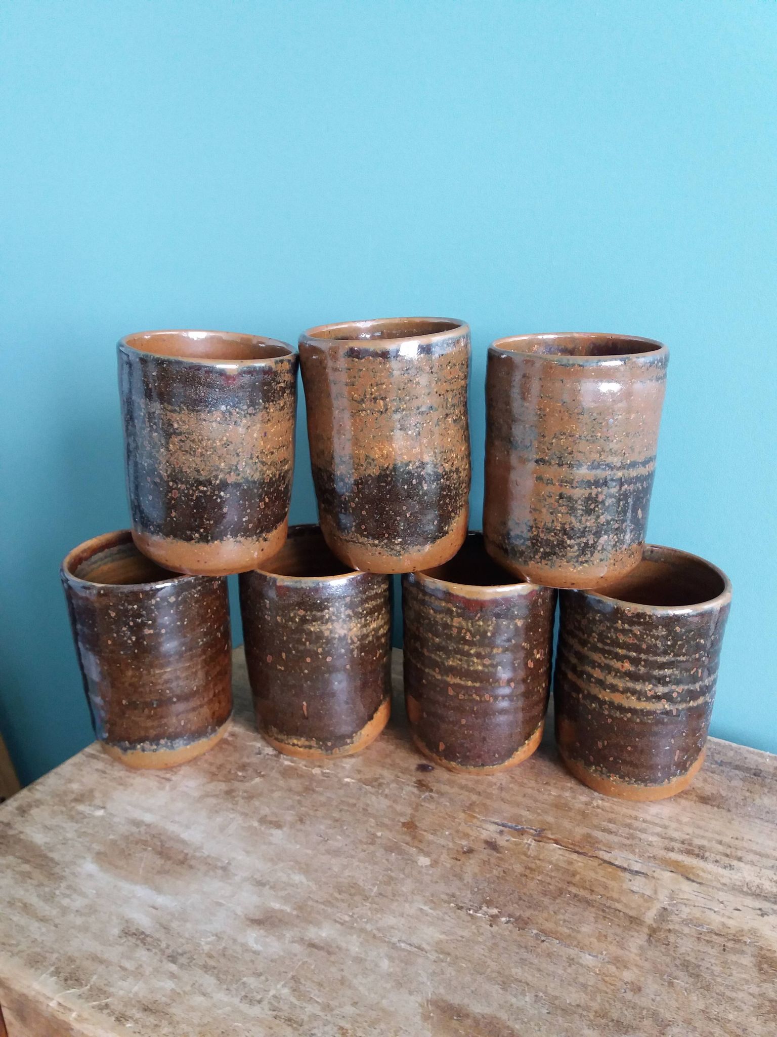 Handcrafted stoneware glass cups, signed, Fontgombault Abbey