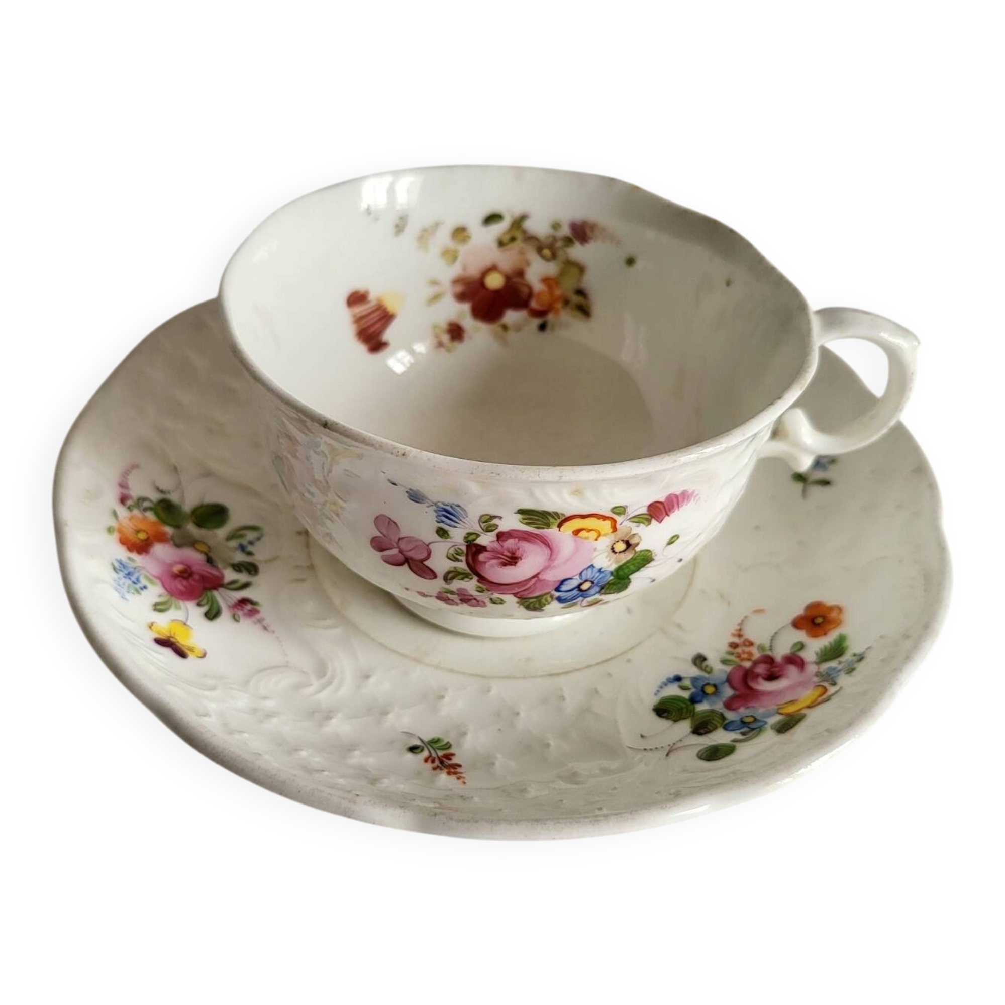 Antique Cup and Saucer in Porcelain with Hand-Painted Floral Decoration